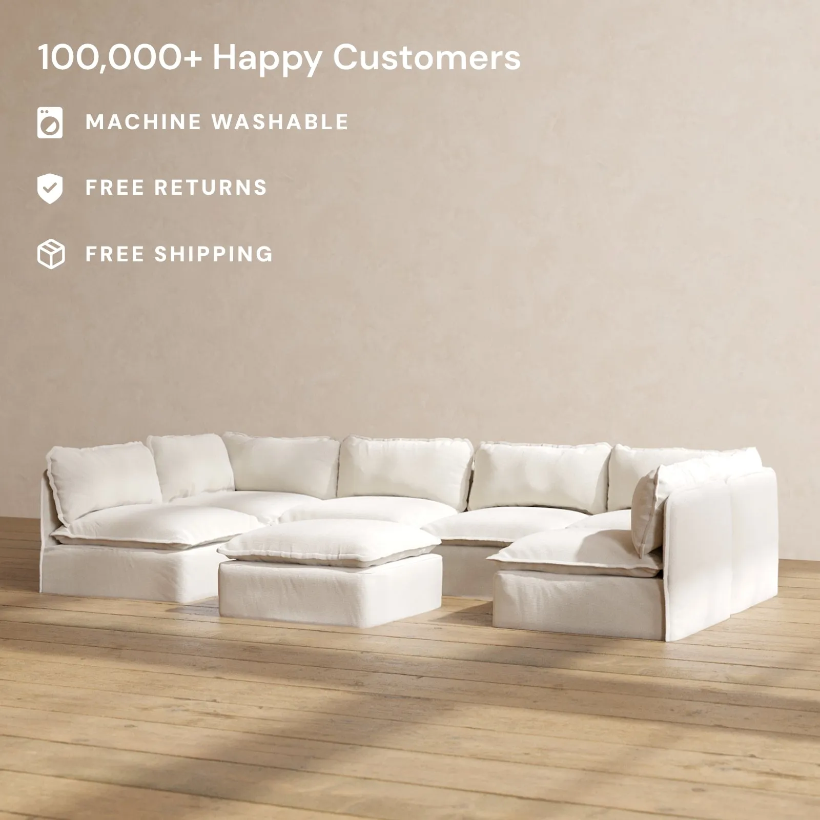 Slipcover Only - Modular Performance 6-Seater Open-Ends U-Sectional   Ottoman | Blended Weave in Flour