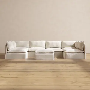 Slipcover Only - Modular Performance 6-Seater Open-Ends U-Sectional   Ottoman | Blended Weave in Flour