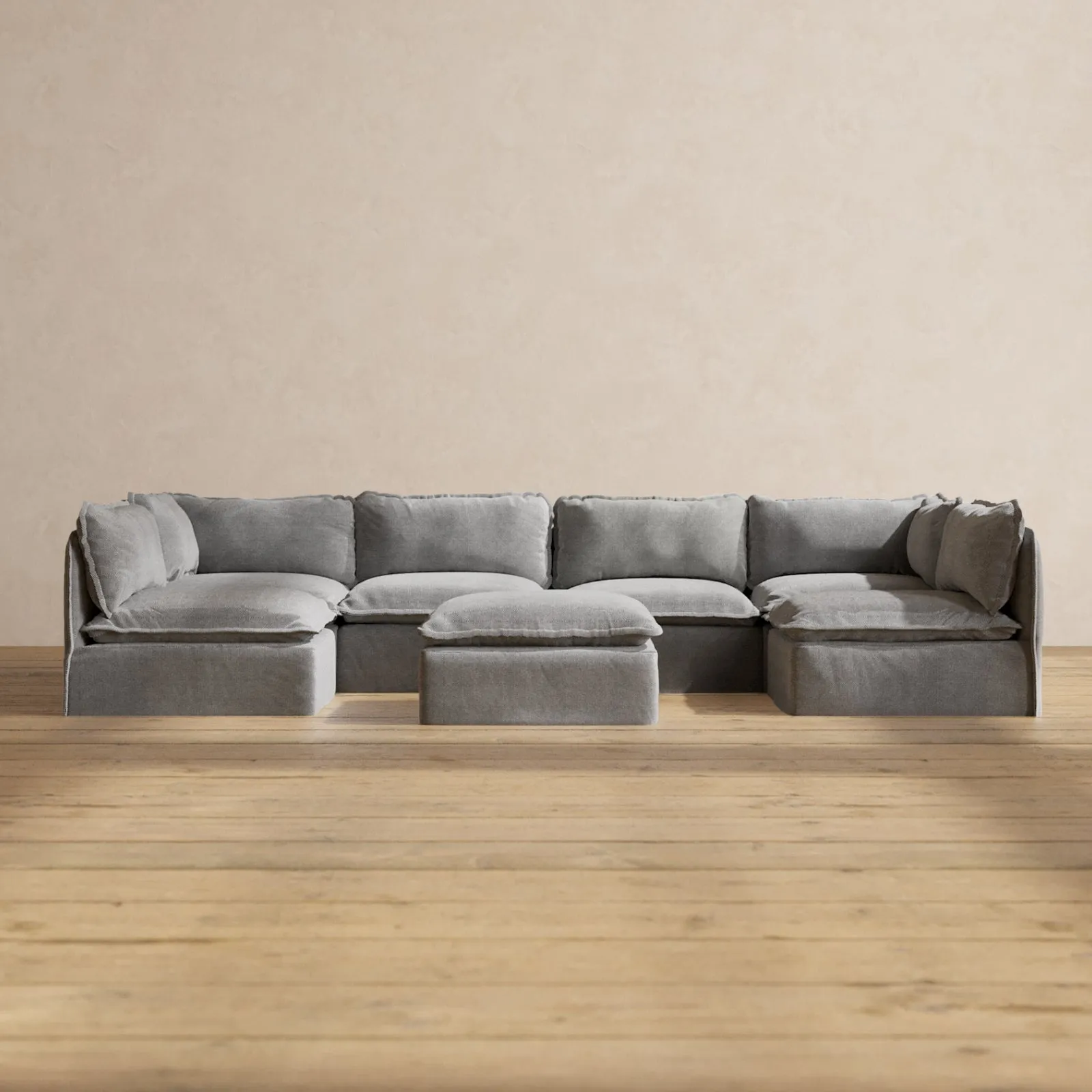 Slipcover Only - Modular Performance 6-Seater Open-Ends U-Sectional   Ottoman | Plush Weave in Ash