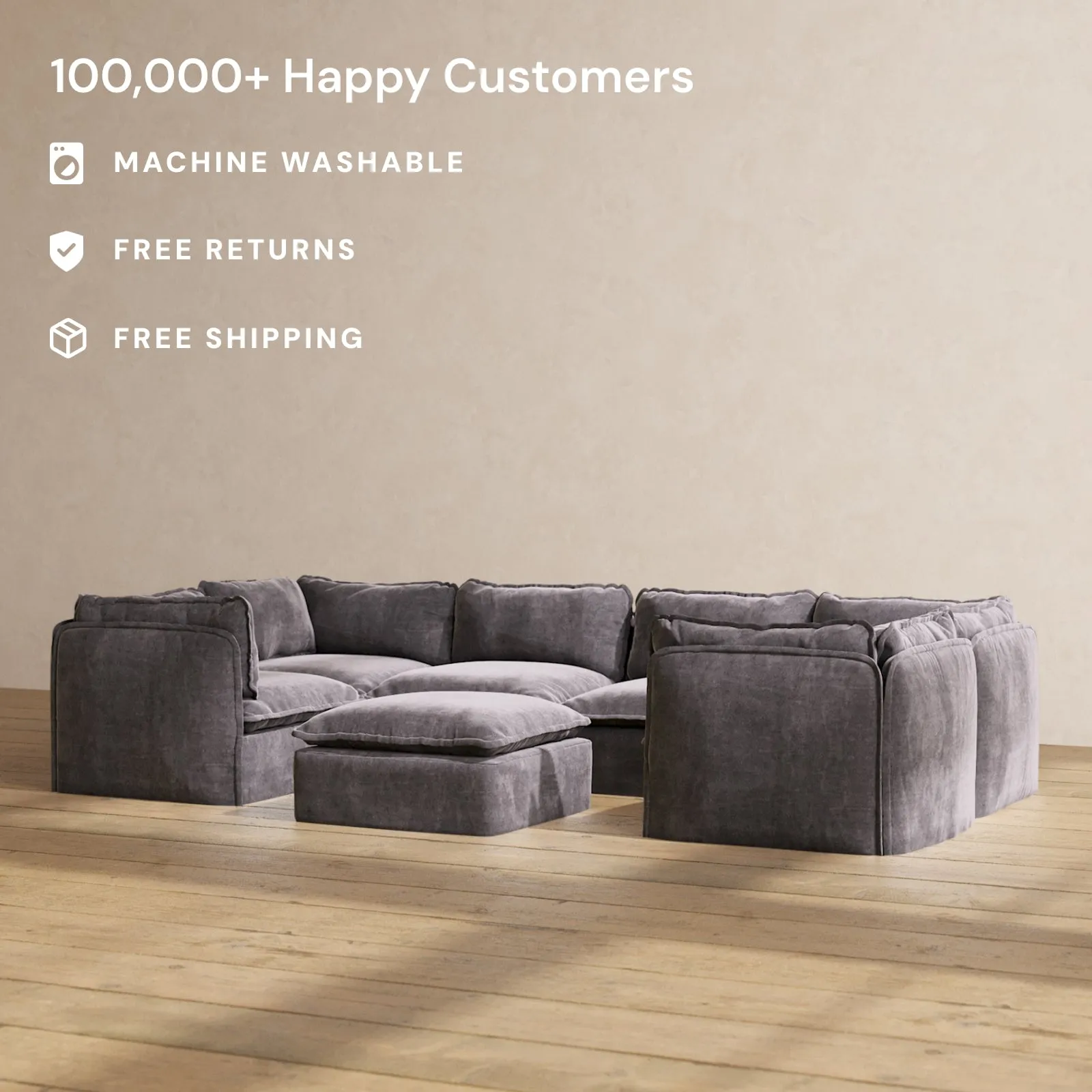 Slipcover Only - Modular Performance 6-Seater U-Sectional   Ottoman | Luxury Velvet in Cinder