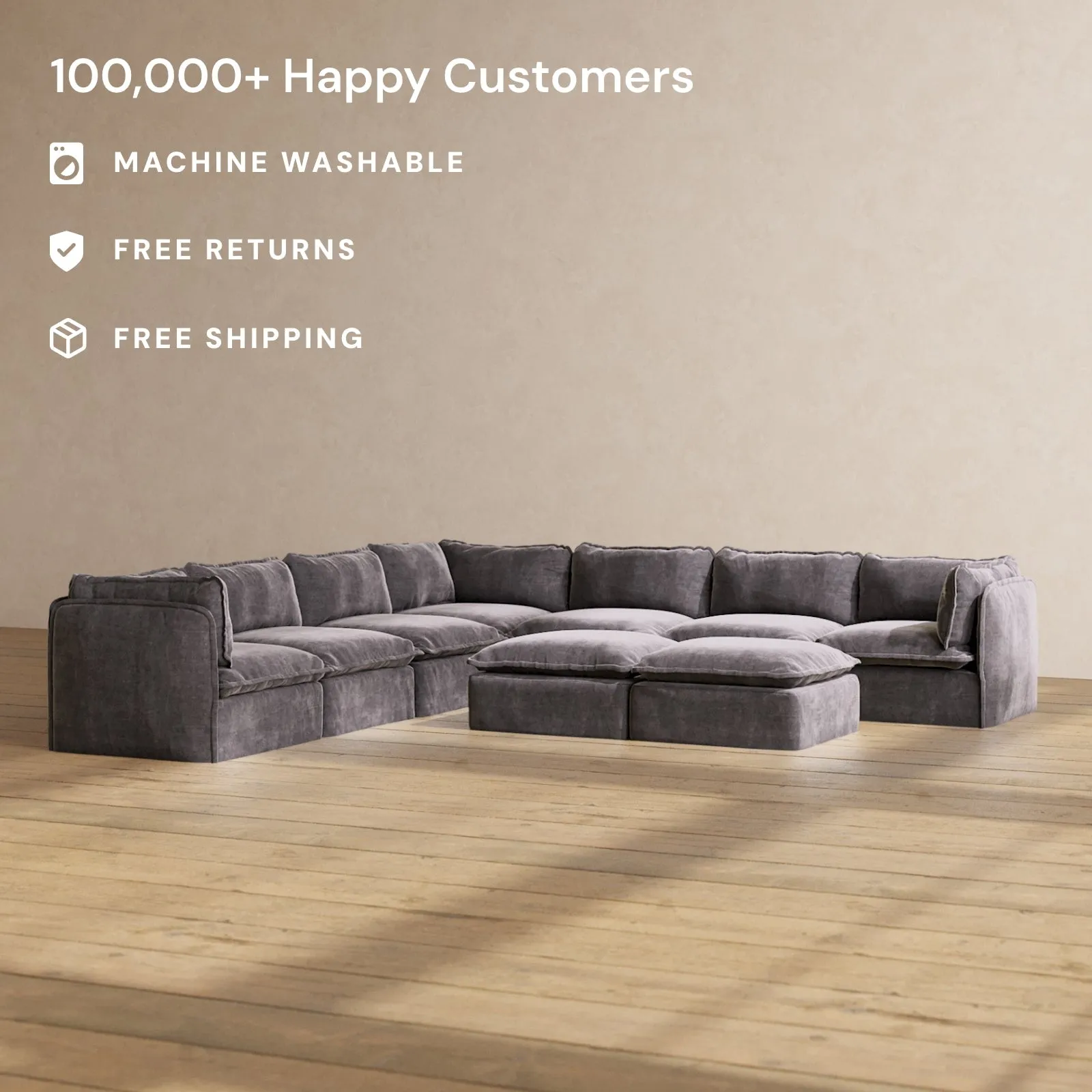 Slipcover Only - Modular Performance 7-Seater Corner Sectional   Bench Ottoman | Luxury Velvet in Cinder