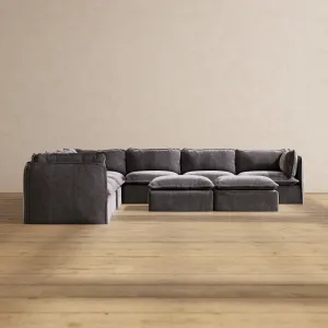 Slipcover Only - Modular Performance 7-Seater Corner Sectional   Bench Ottoman | Luxury Velvet in Cinder
