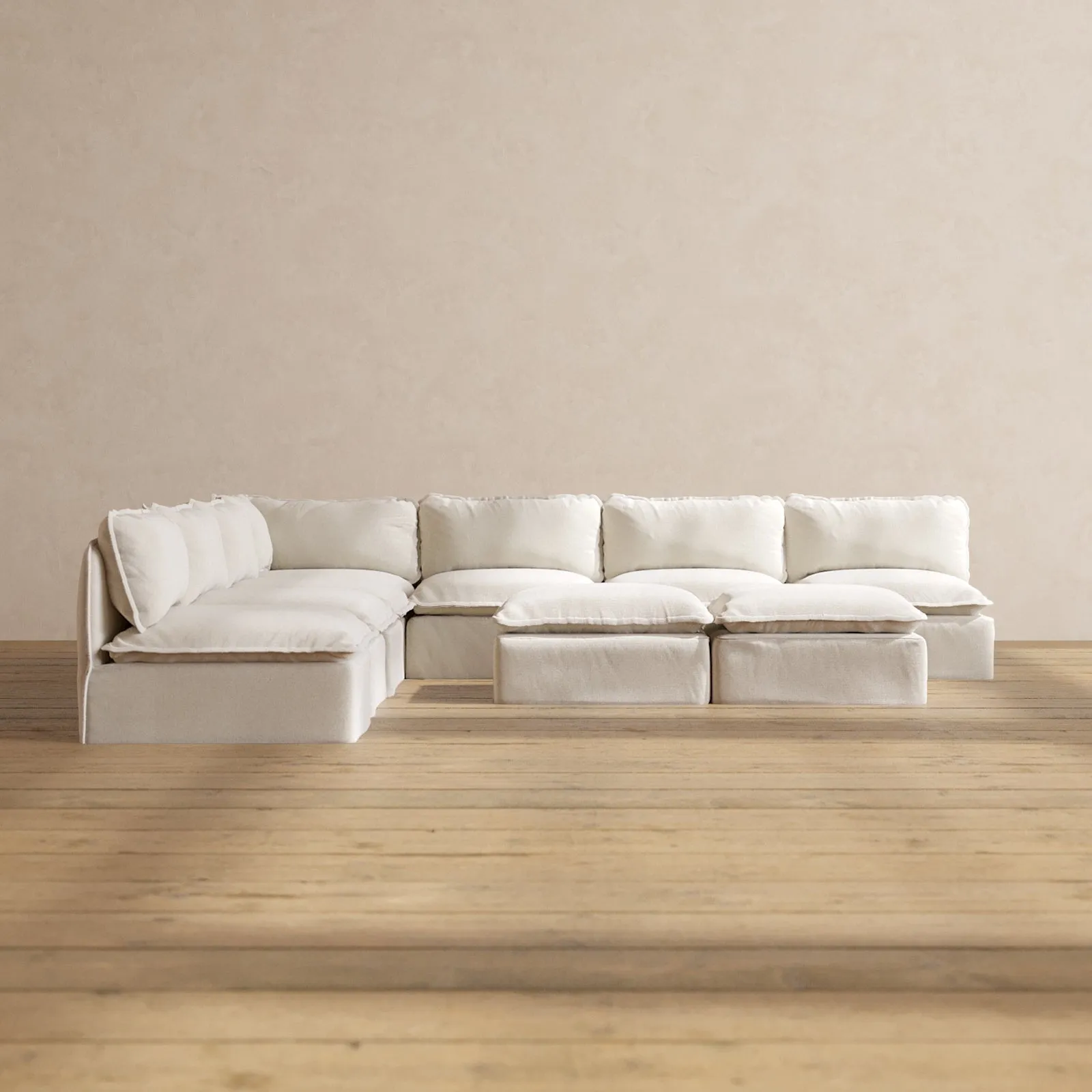 Slipcover Only - Modular Performance 7-Seater Open-Ends Corner Sectional   Bench Ottoman | Blended Weave in Flour