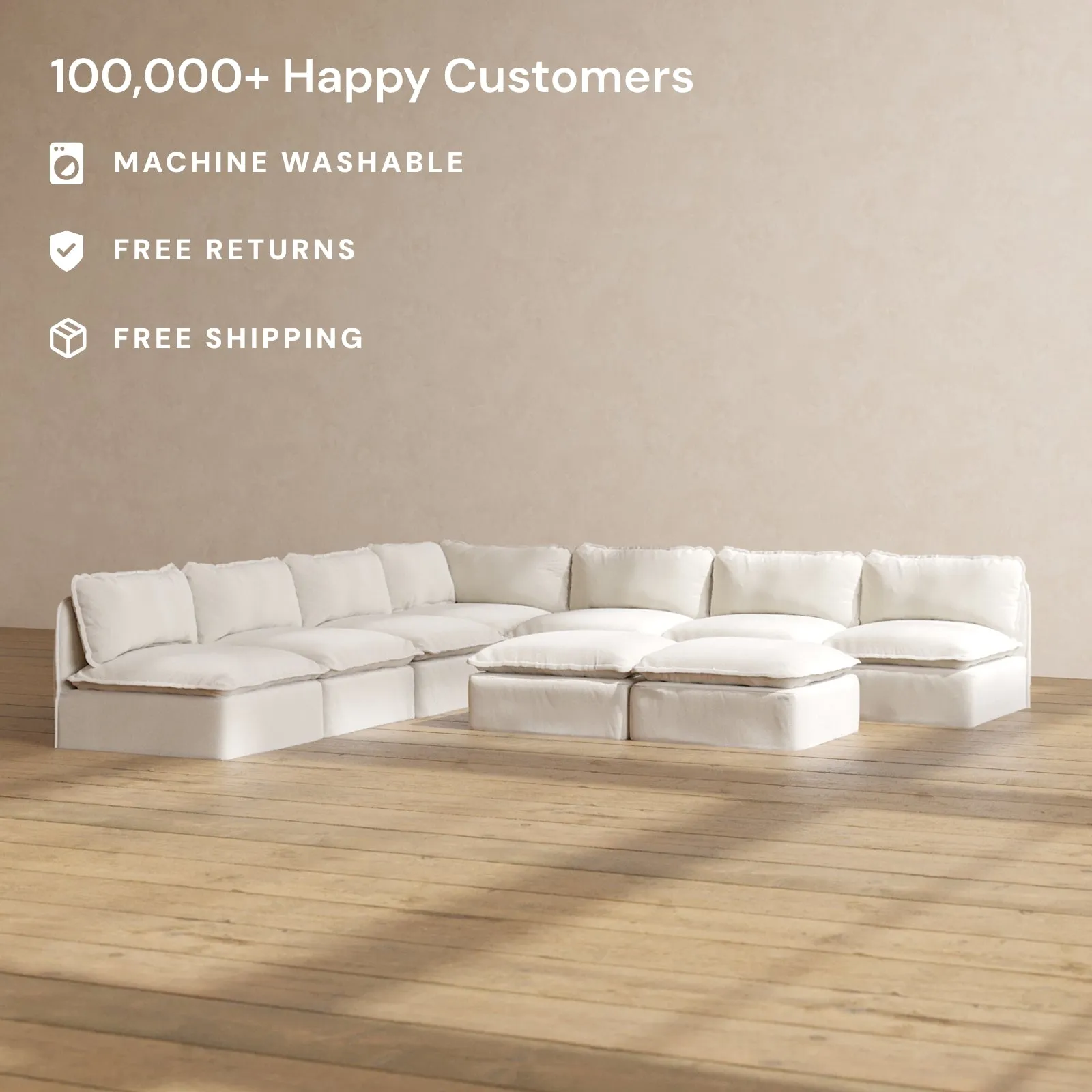 Slipcover Only - Modular Performance 7-Seater Open-Ends Corner Sectional   Bench Ottoman | Blended Weave in Flour