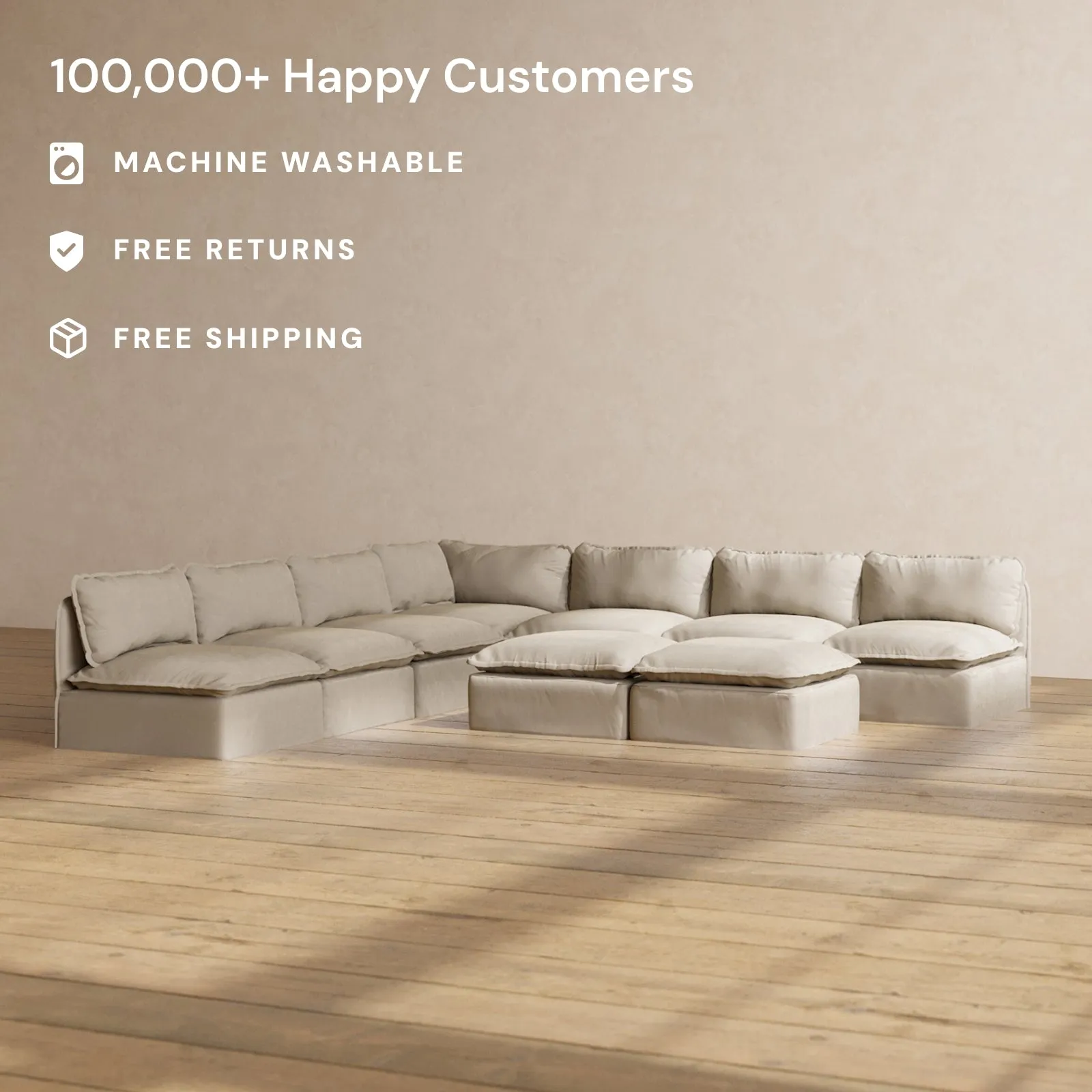 Slipcover Only - Modular Performance 7-Seater Open-Ends Corner Sectional   Bench Ottoman | Luxury Velvet in Dune