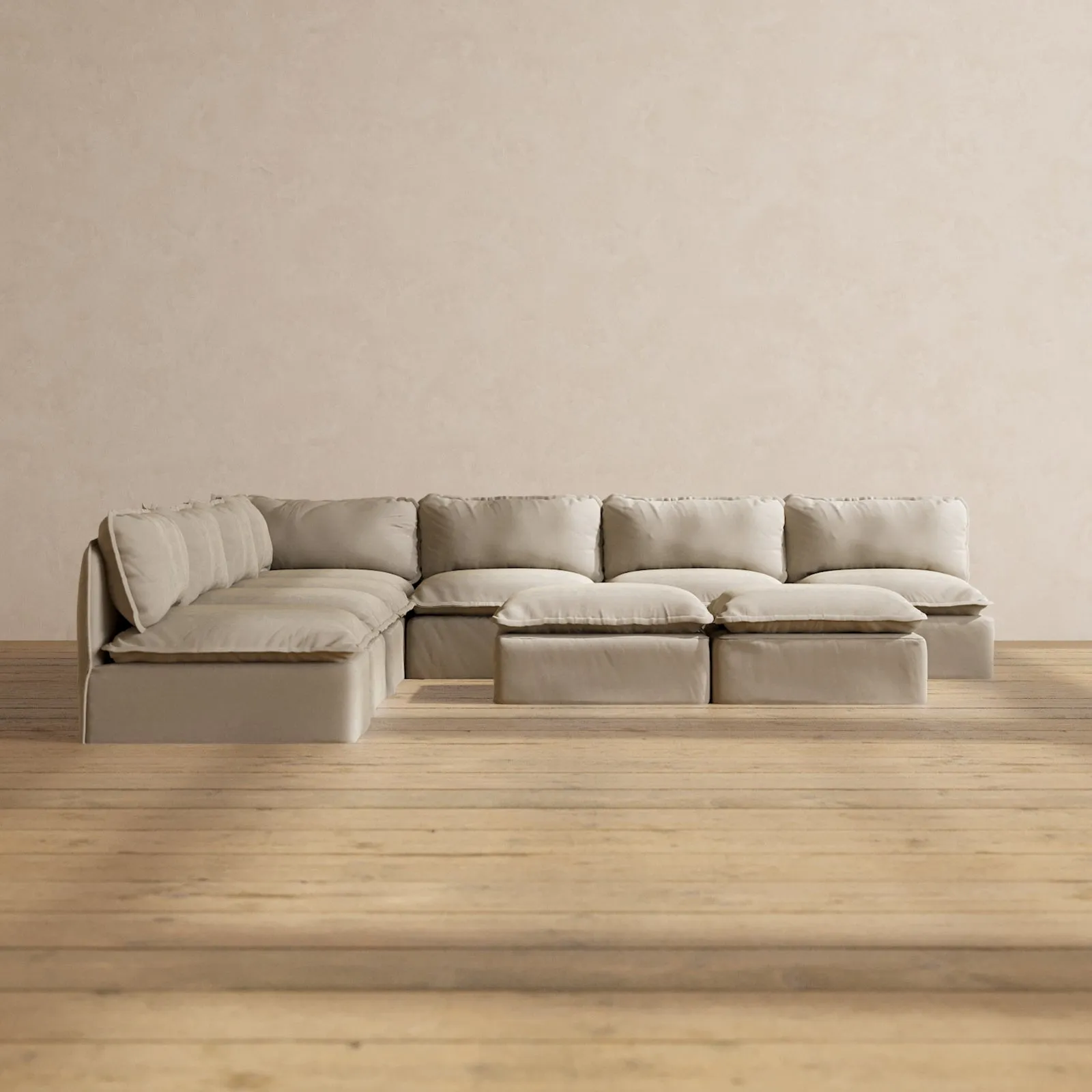Slipcover Only - Modular Performance 7-Seater Open-Ends Corner Sectional   Bench Ottoman | Luxury Velvet in Dune