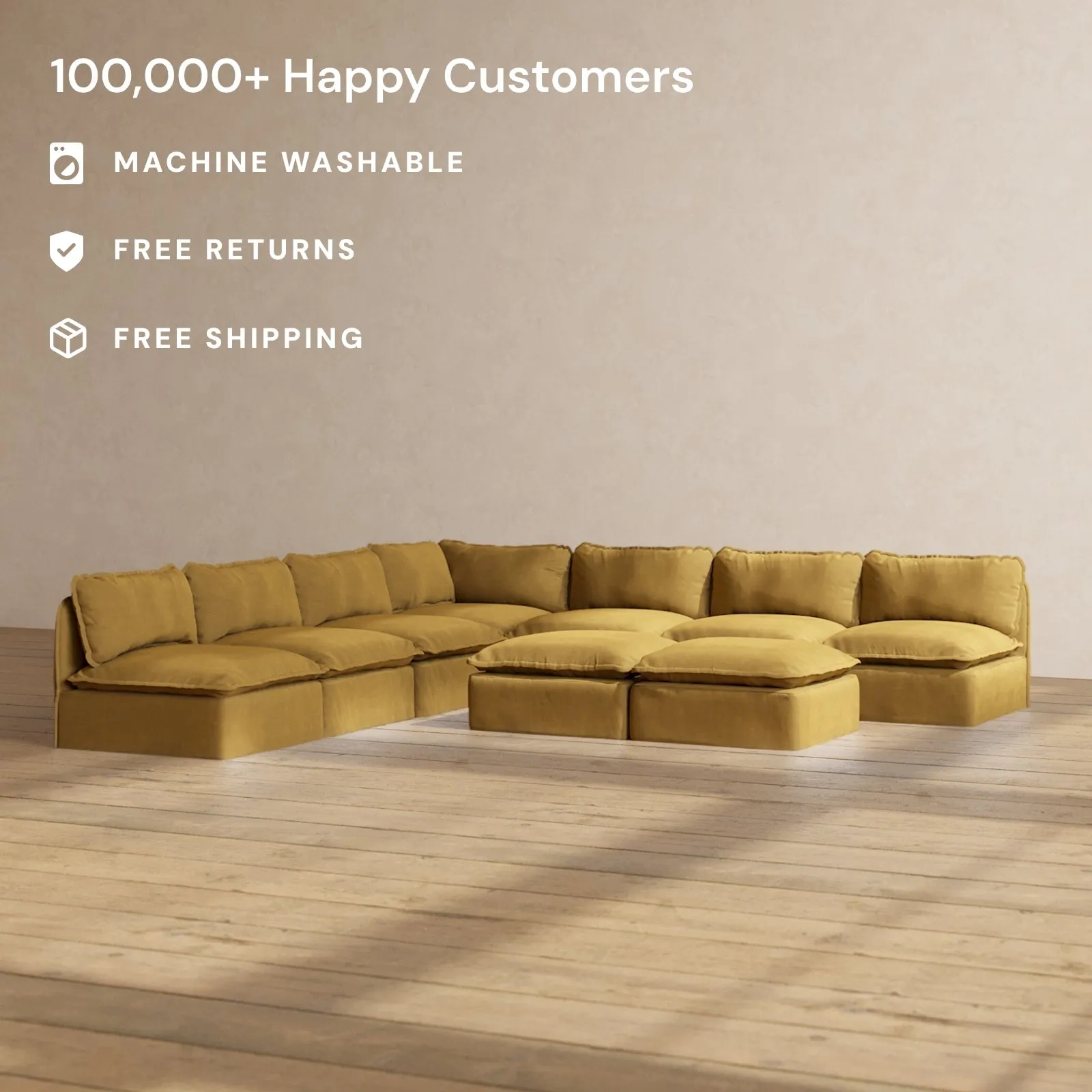 Slipcover Only - Modular Performance 7-Seater Open-Ends Corner Sectional   Bench Ottoman | Luxury Velvet in Toffee