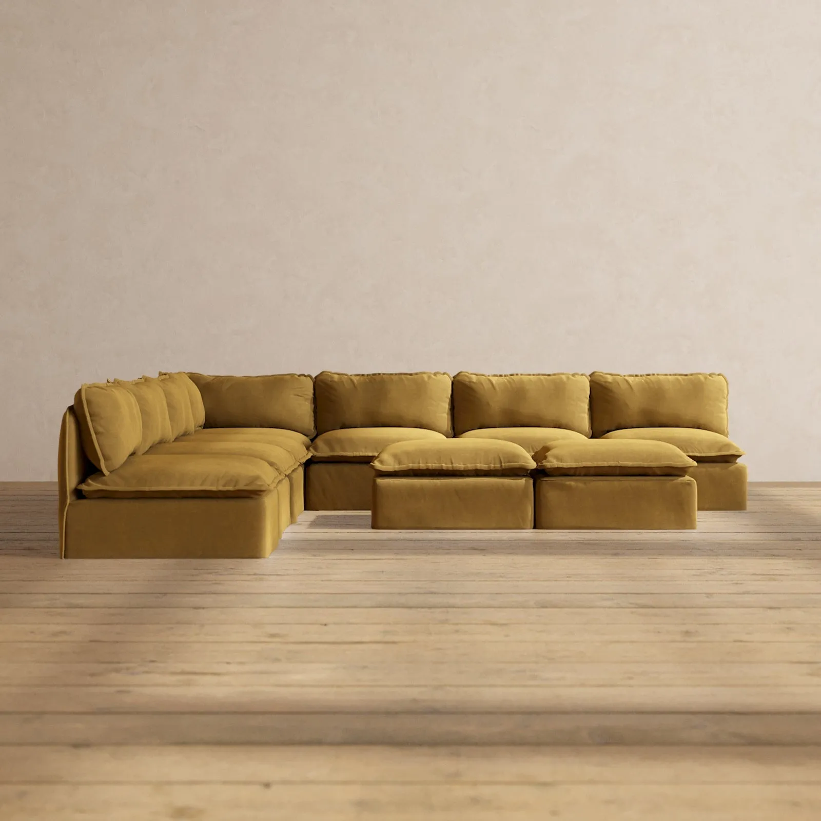 Slipcover Only - Modular Performance 7-Seater Open-Ends Corner Sectional   Bench Ottoman | Luxury Velvet in Toffee