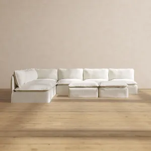 Slipcover Only - Modular Performance 7-Seater Open-Ends Corner Sectional   Bench Ottoman | Plush Weave in Eggshell