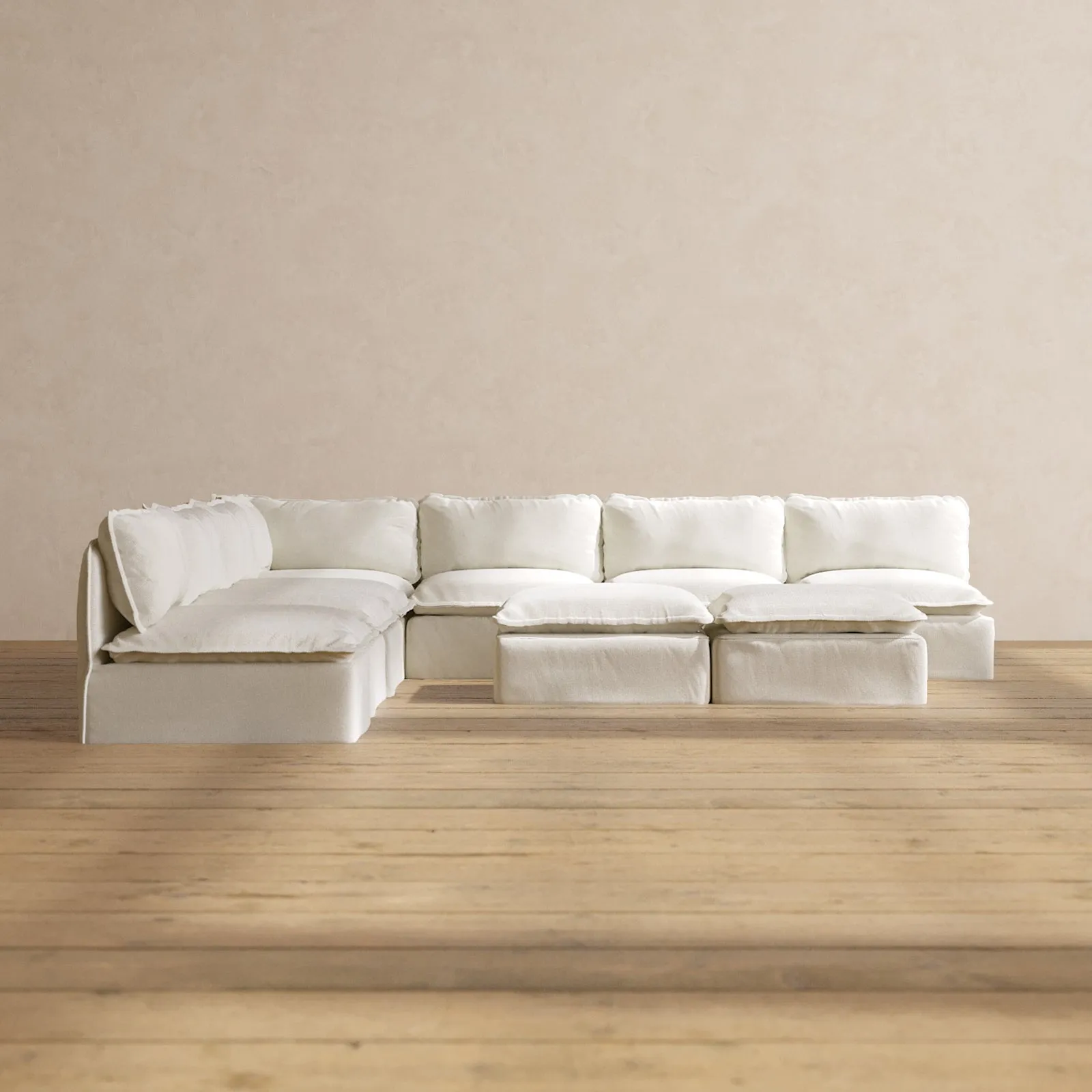 Slipcover Only - Modular Performance 7-Seater Open-Ends Corner Sectional   Bench Ottoman | Plush Weave in Eggshell