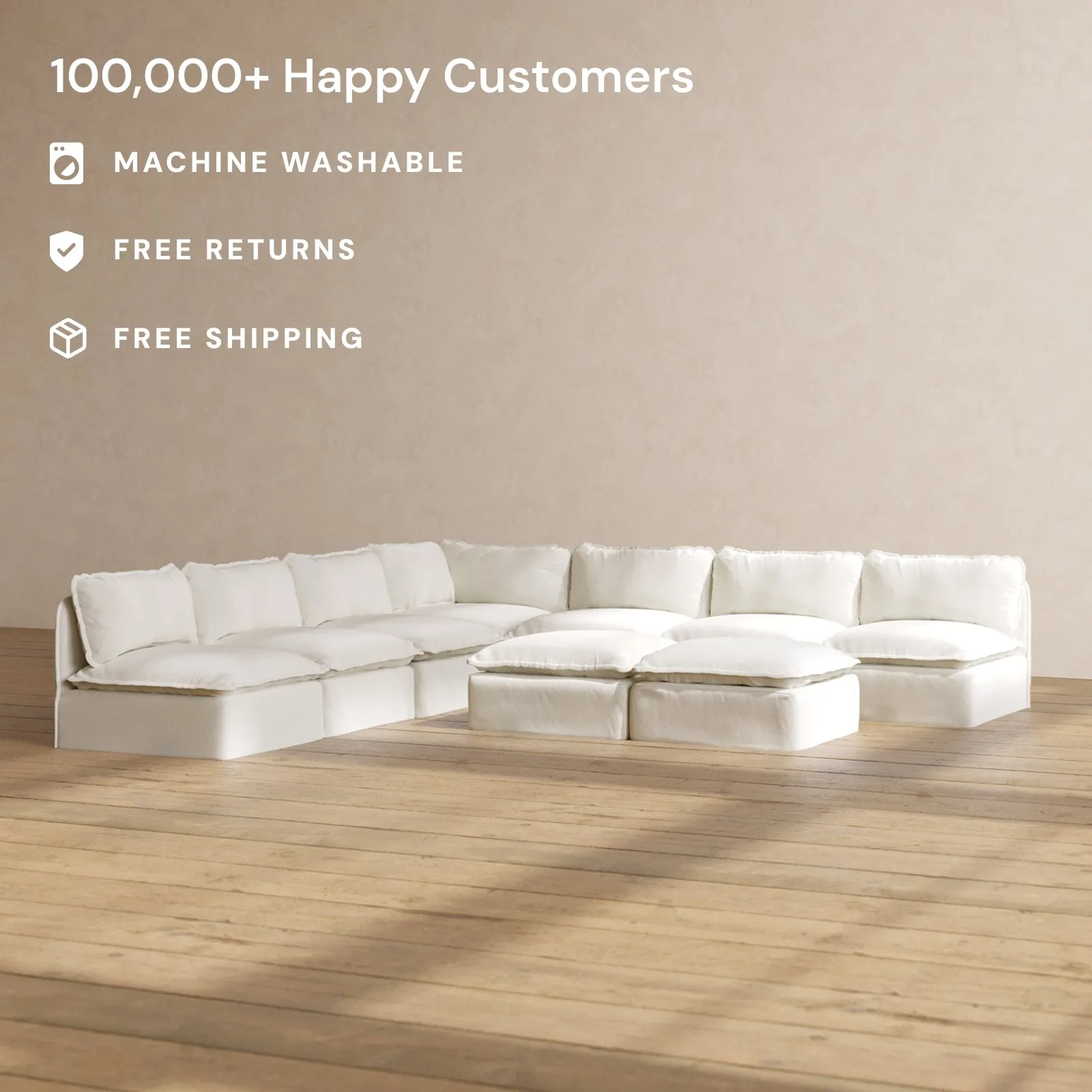 Slipcover Only - Modular Performance 7-Seater Open-Ends Corner Sectional   Bench Ottoman | Plush Weave in Eggshell