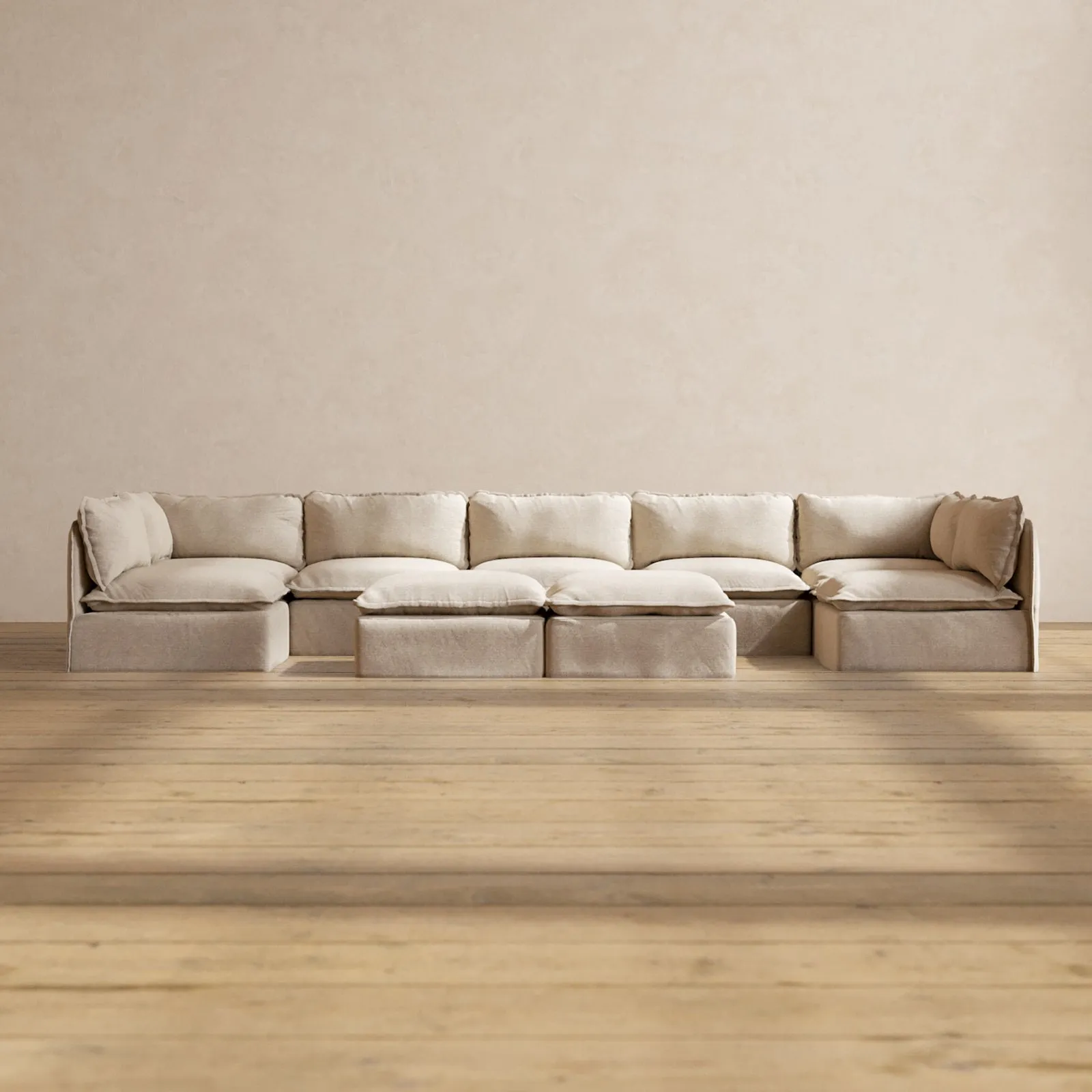 Slipcover Only - Modular Performance 7-Seater Open-Ends U-Sectional   Bench Ottoman | Blended Weave in Oat