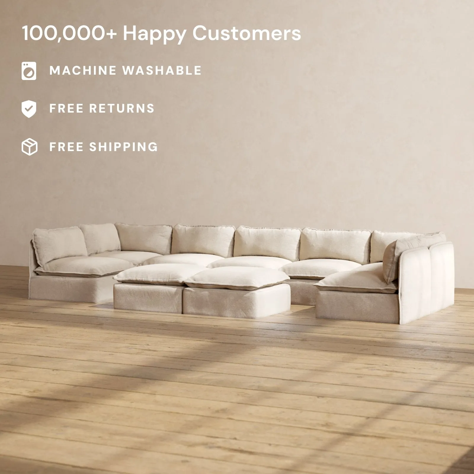 Slipcover Only - Modular Performance 7-Seater Open-Ends U-Sectional   Bench Ottoman | Blended Weave in Oat