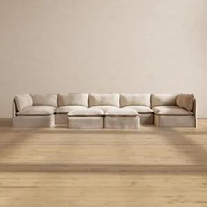Slipcover Only - Modular Performance 7-Seater Open-Ends U-Sectional   Bench Ottoman | Blended Weave in Oat