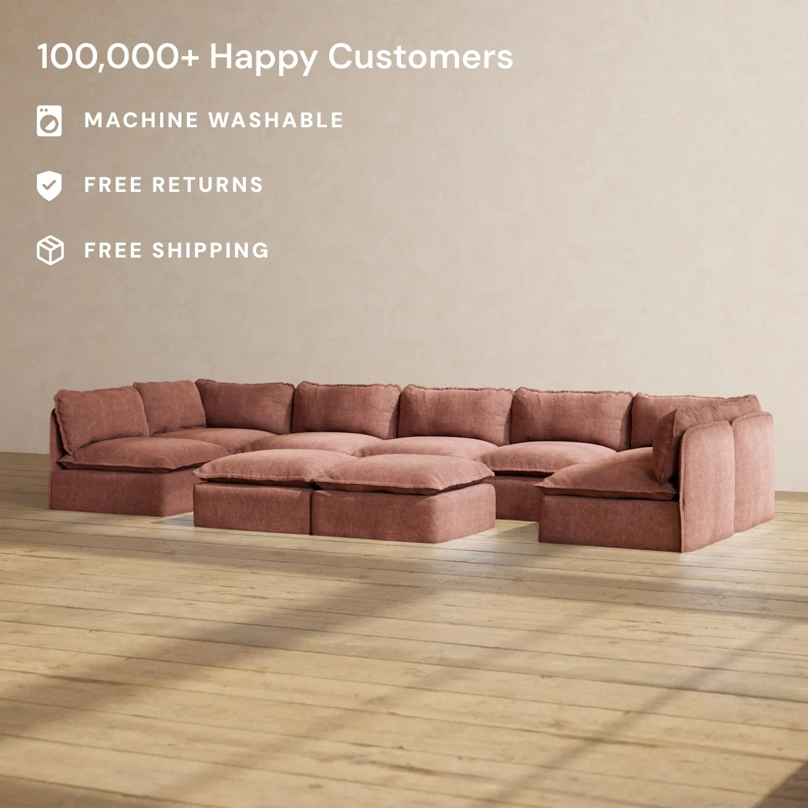 Slipcover Only - Modular Performance 7-Seater Open-Ends U-Sectional   Bench Ottoman | Heirloom Velvet in Chestnut