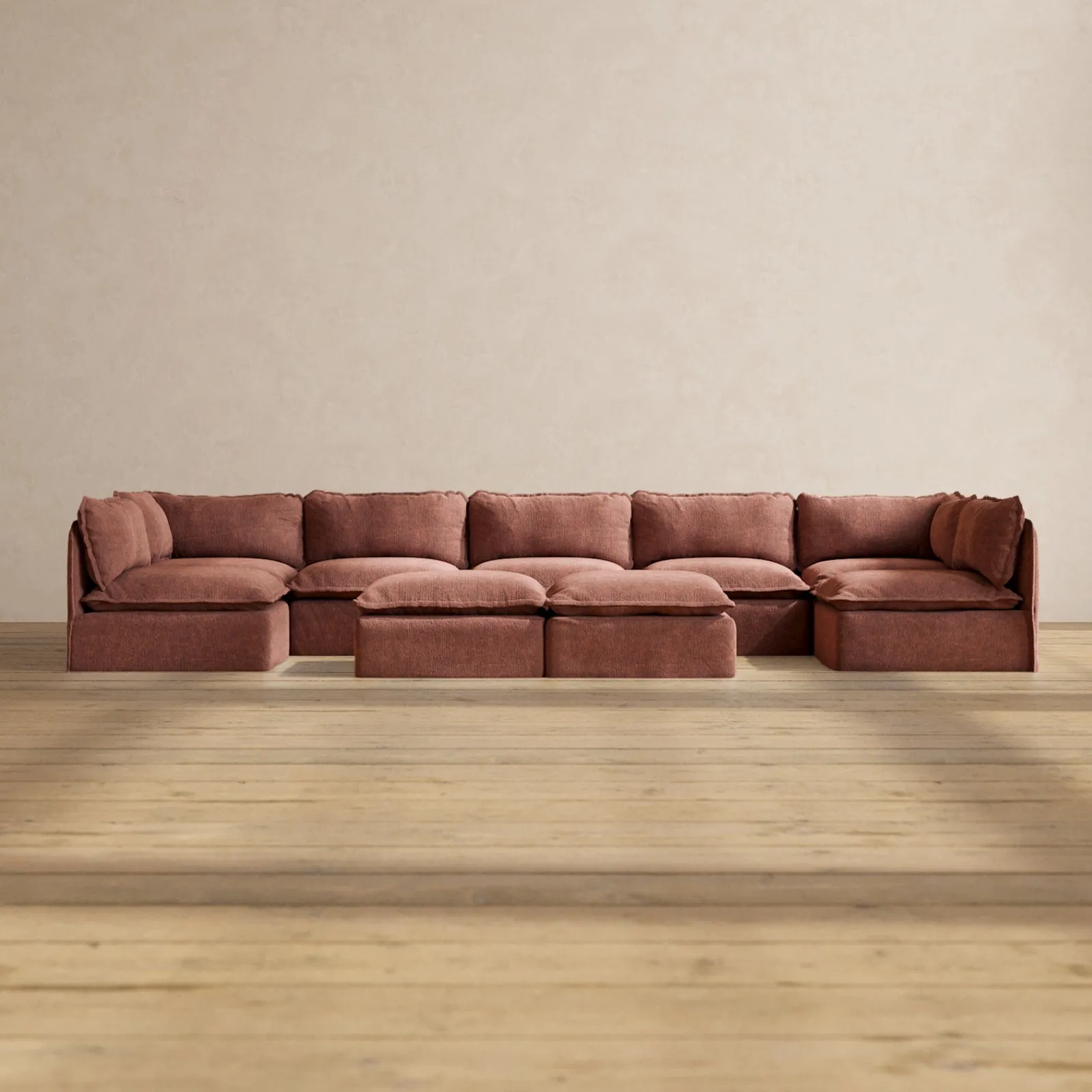 Slipcover Only - Modular Performance 7-Seater Open-Ends U-Sectional   Bench Ottoman | Heirloom Velvet in Chestnut