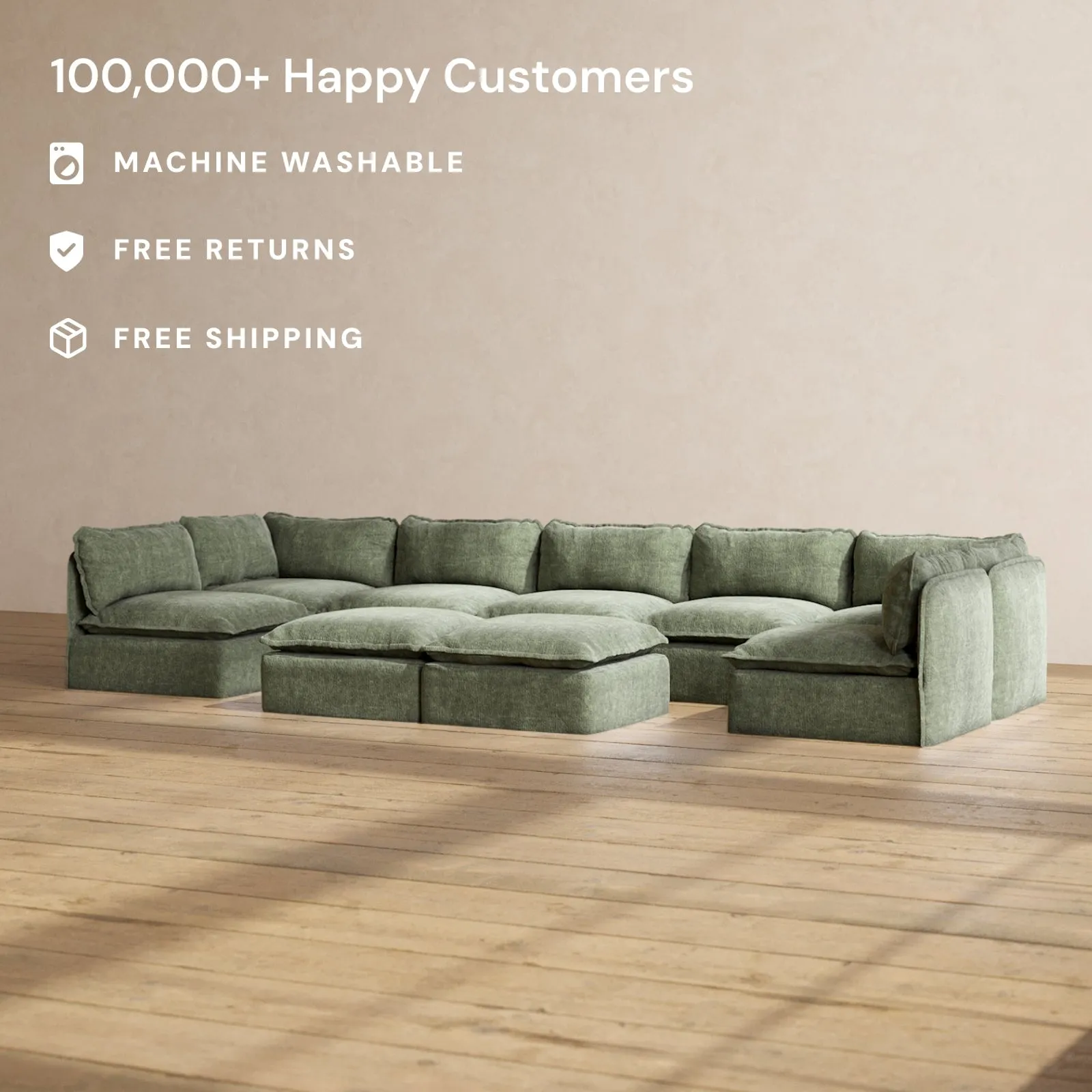 Slipcover Only - Modular Performance 7-Seater Open-Ends U-Sectional   Bench Ottoman | Heirloom Velvet in Willow
