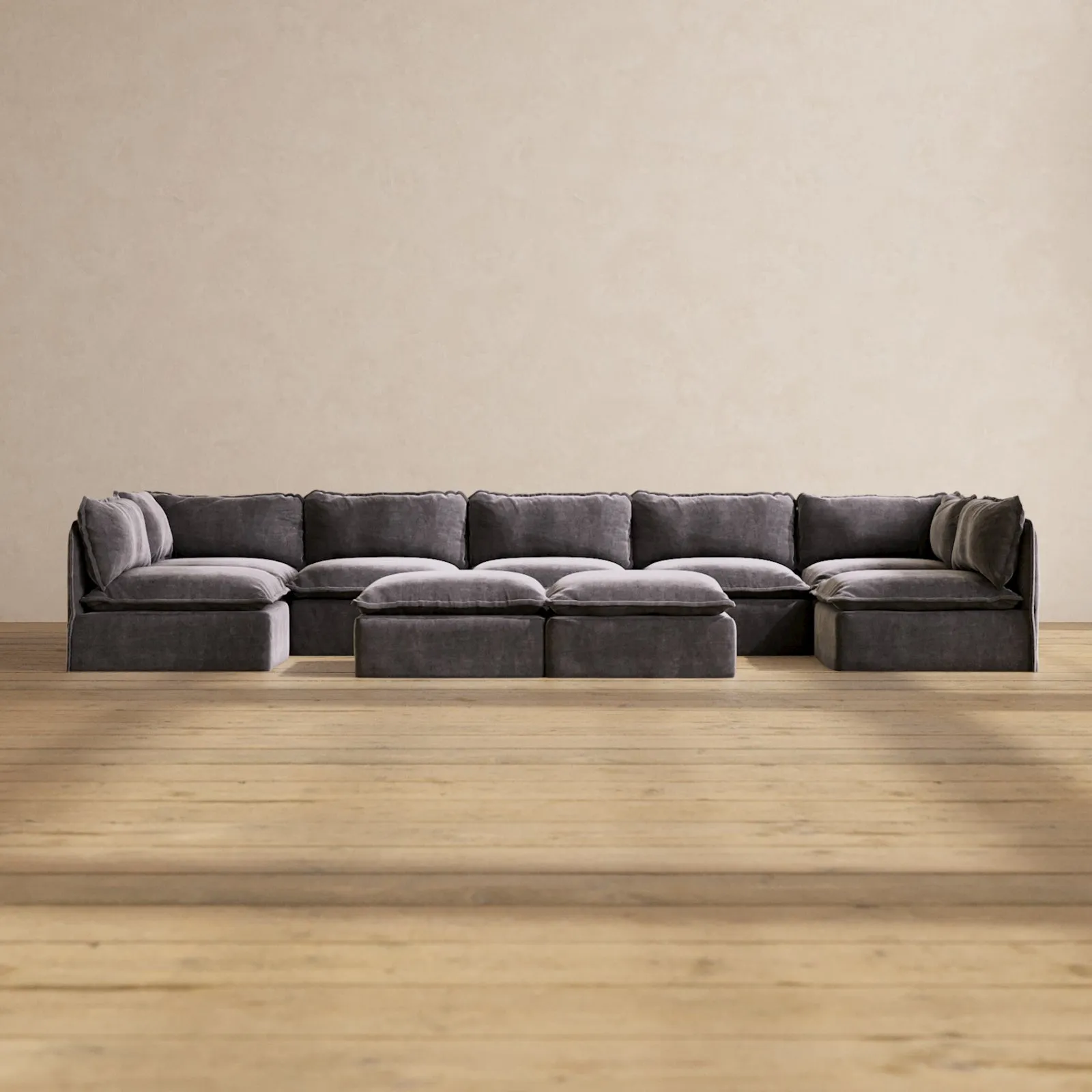 Slipcover Only - Modular Performance 7-Seater Open-Ends U-Sectional   Bench Ottoman | Luxury Velvet in Cinder