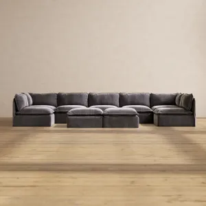 Slipcover Only - Modular Performance 7-Seater Open-Ends U-Sectional   Bench Ottoman | Luxury Velvet in Cinder
