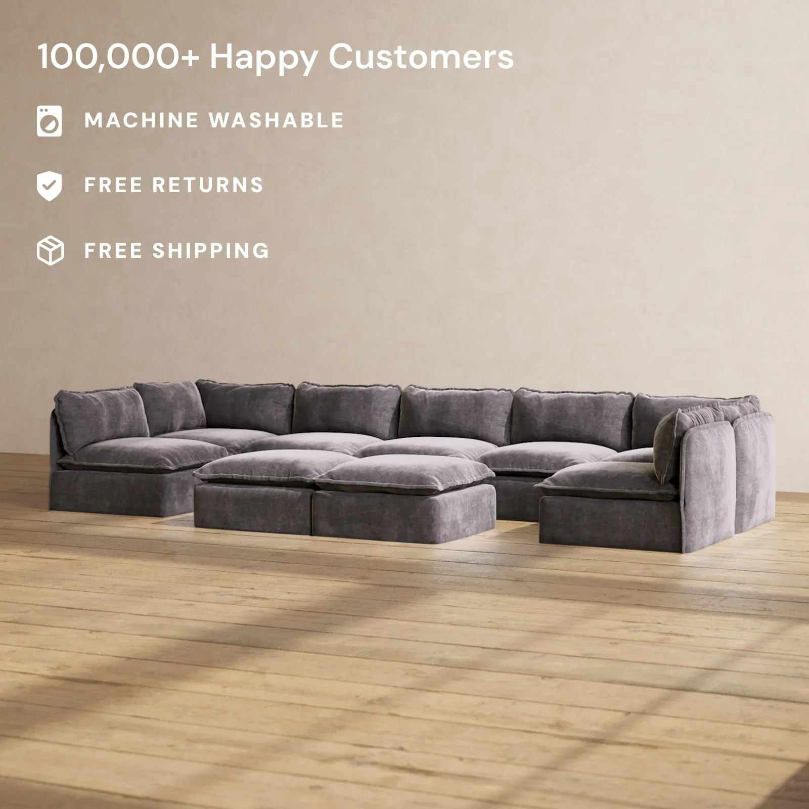 Slipcover Only - Modular Performance 7-Seater Open-Ends U-Sectional   Bench Ottoman | Luxury Velvet in Cinder