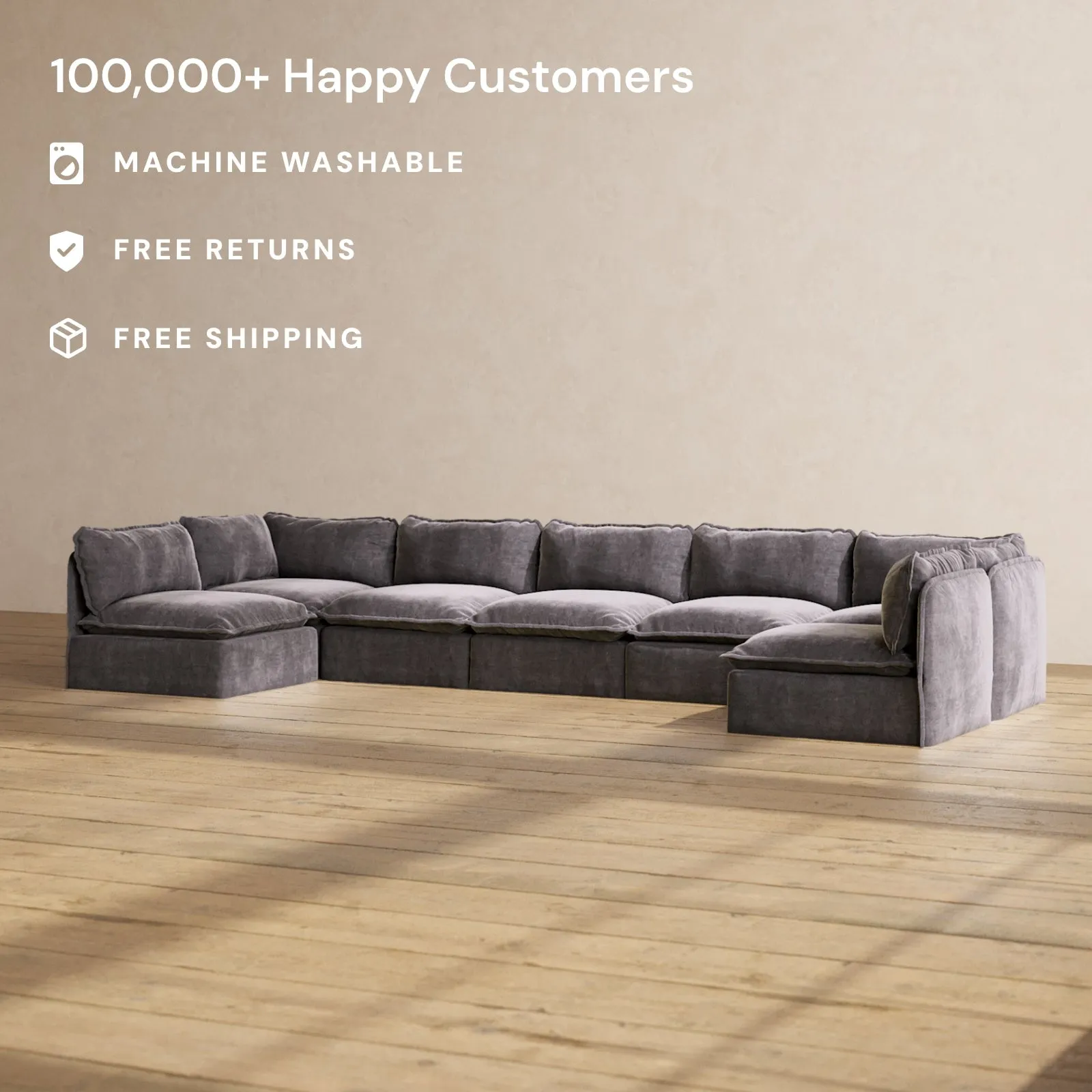 Slipcover Only - Modular Performance 7-Seater Open-Ends U-Sectional | Luxury Velvet in Cinder