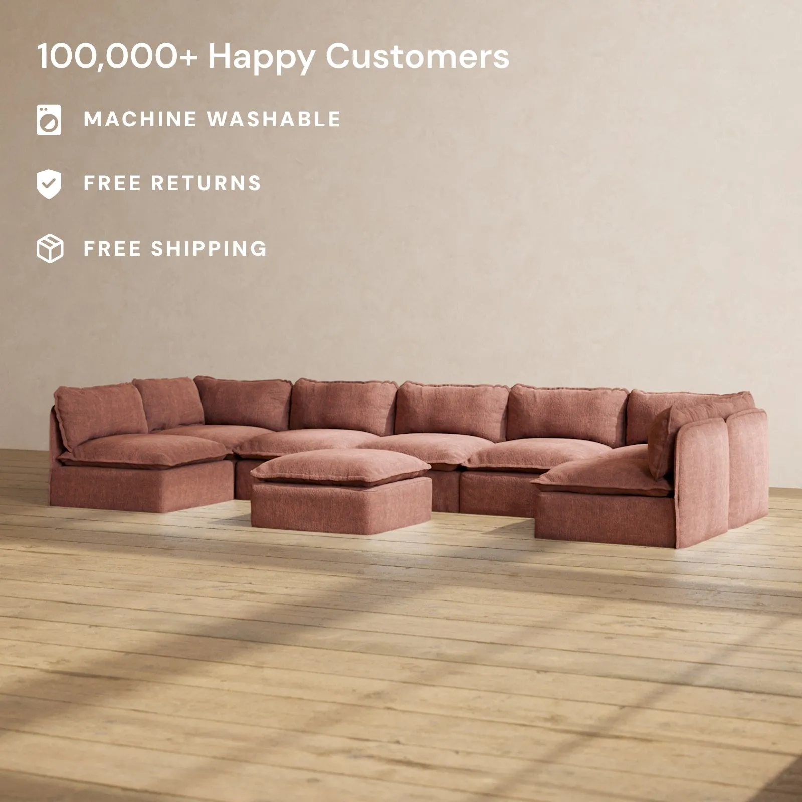 Slipcover Only - Modular Performance 7-Seater Open-Ends U-Sectional   Ottoman | Heirloom Velvet in Chestnut