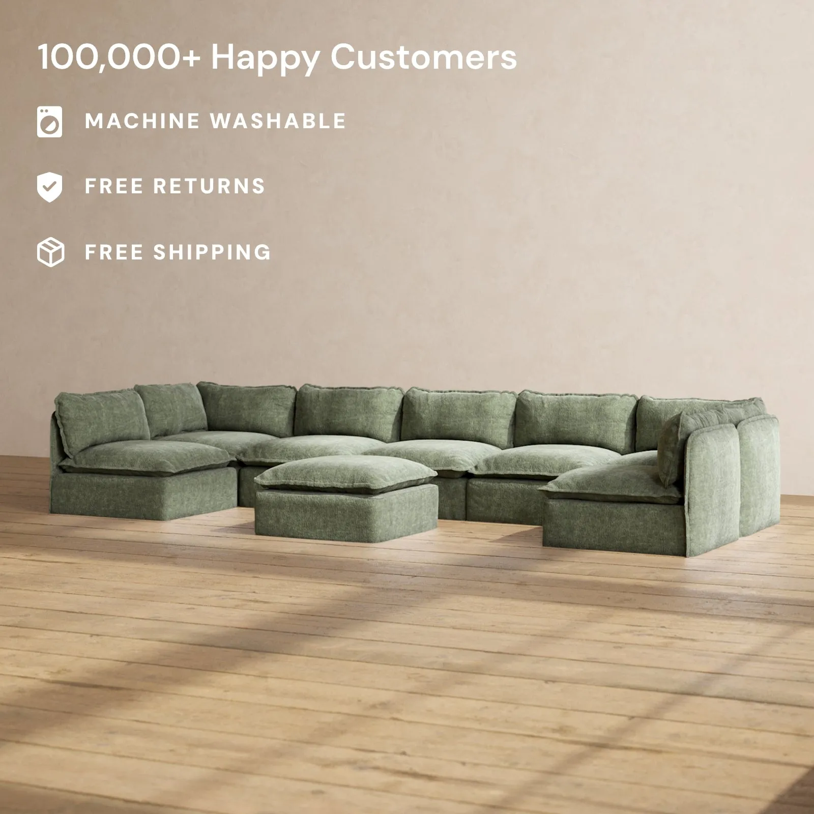 Slipcover Only - Modular Performance 7-Seater Open-Ends U-Sectional   Ottoman | Heirloom Velvet in Willow