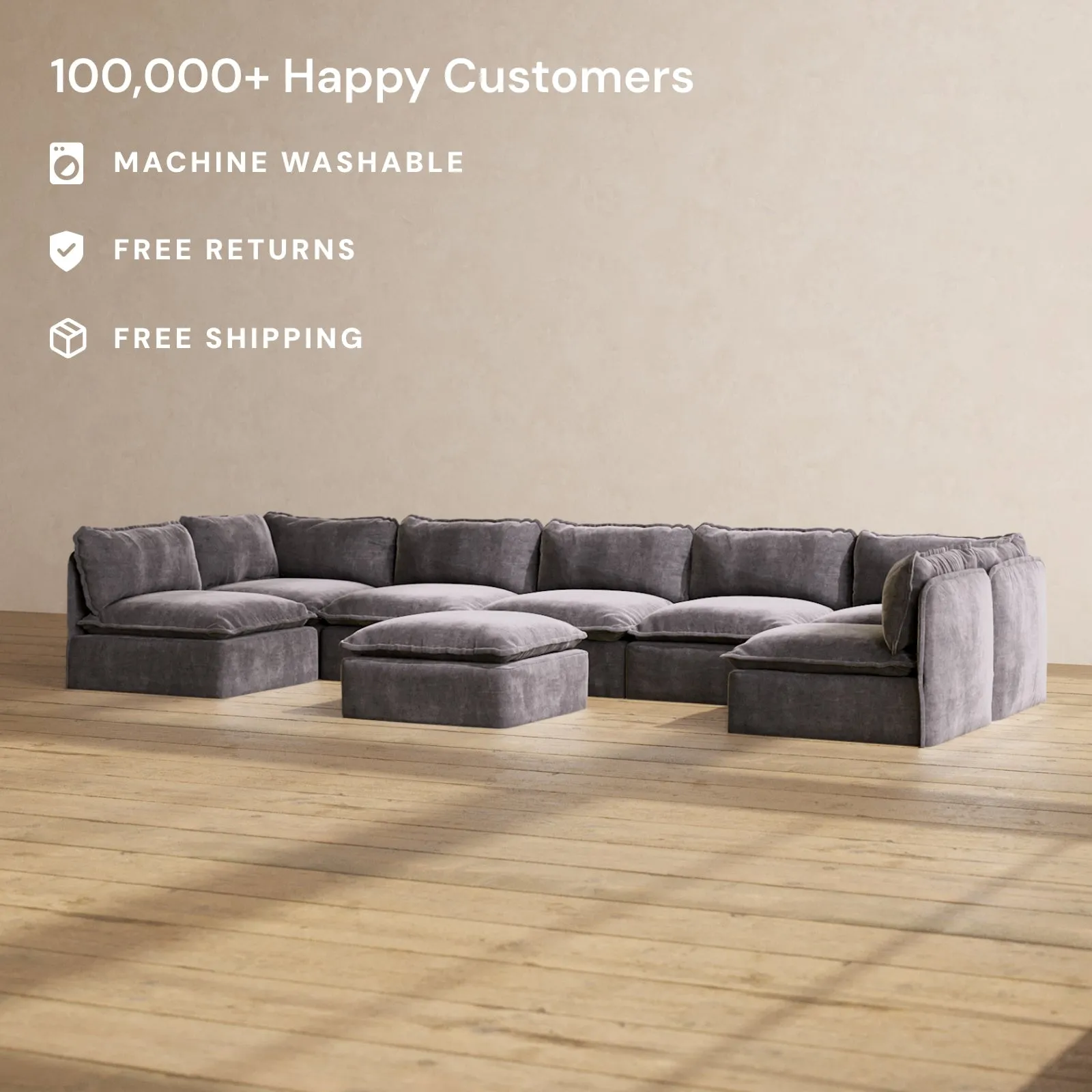 Slipcover Only - Modular Performance 7-Seater Open-Ends U-Sectional   Ottoman | Luxury Velvet in Cinder