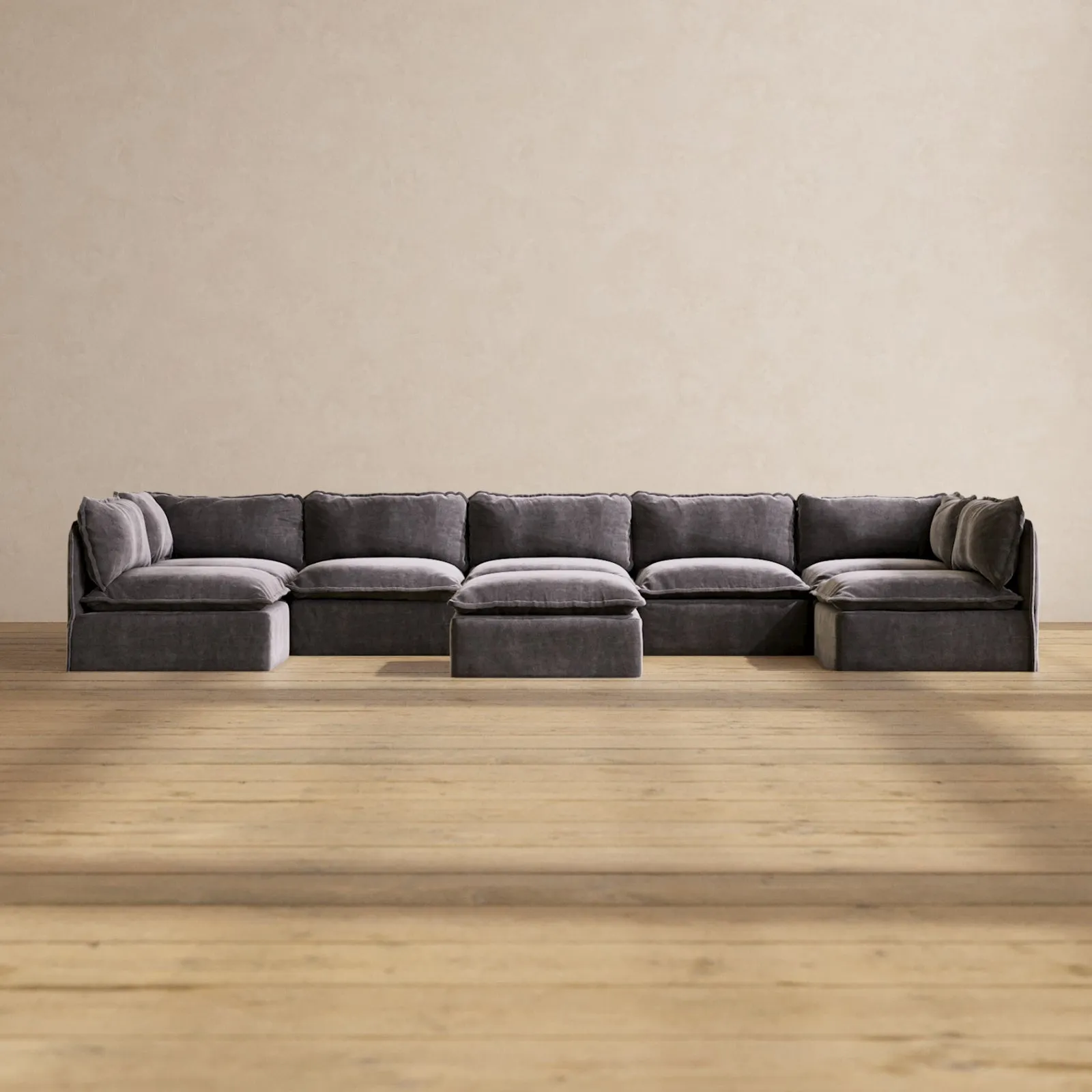 Slipcover Only - Modular Performance 7-Seater Open-Ends U-Sectional   Ottoman | Luxury Velvet in Cinder