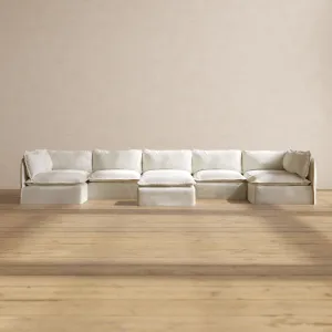 Slipcover Only - Modular Performance 7-Seater Open-Ends U-Sectional   Ottoman | Plush Weave in Eggshell