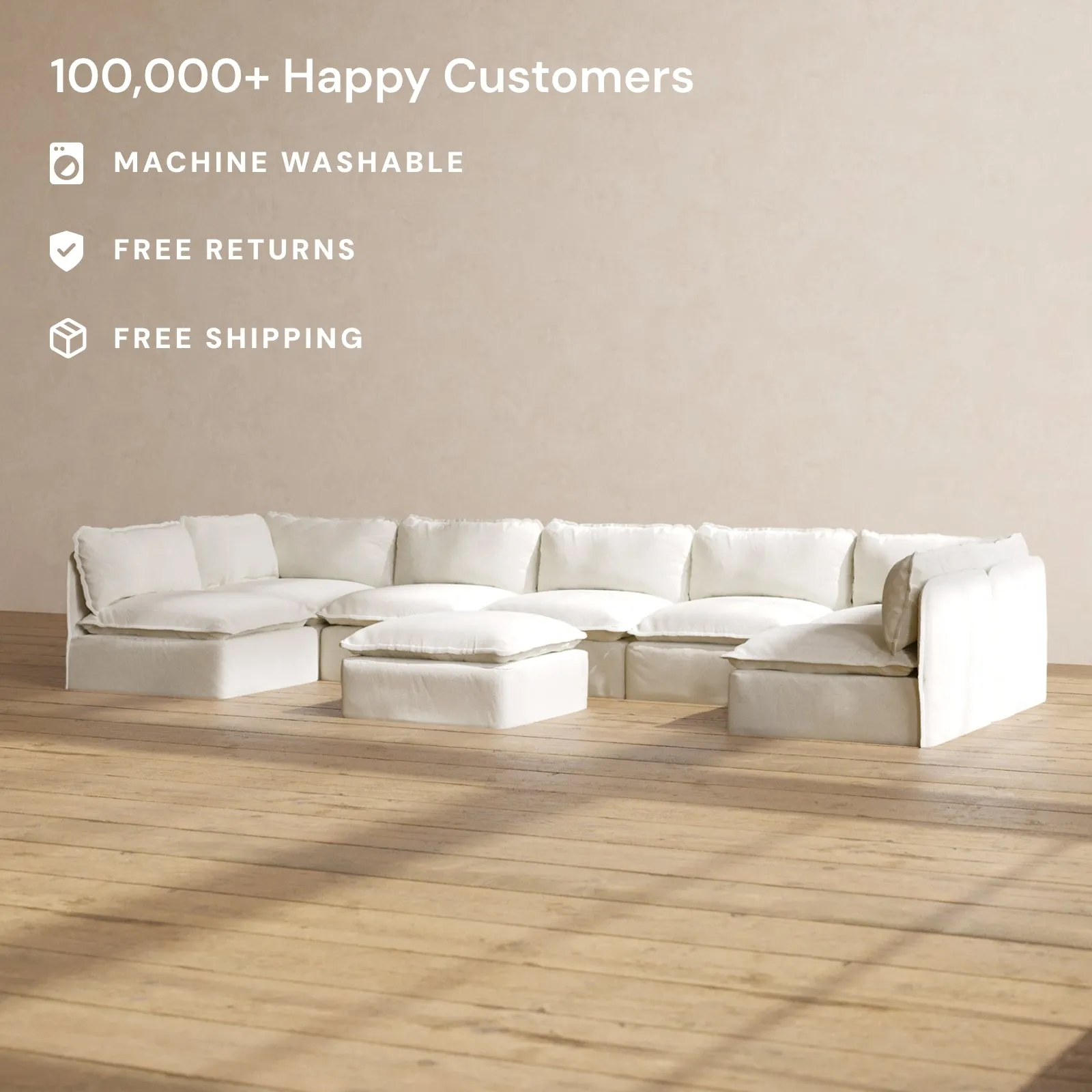 Slipcover Only - Modular Performance 7-Seater Open-Ends U-Sectional   Ottoman | Plush Weave in Eggshell