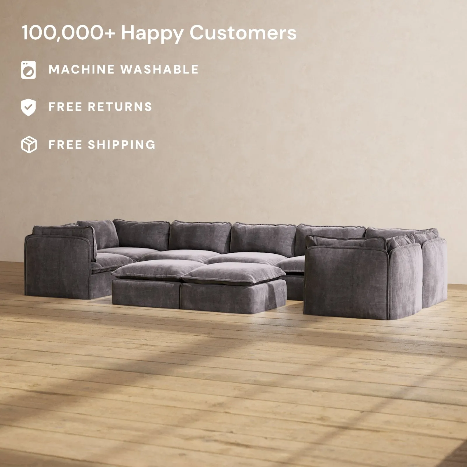 Slipcover Only - Modular Performance 7-Seater U-Sectional   Bench Ottoman | Luxury Velvet in Cinder