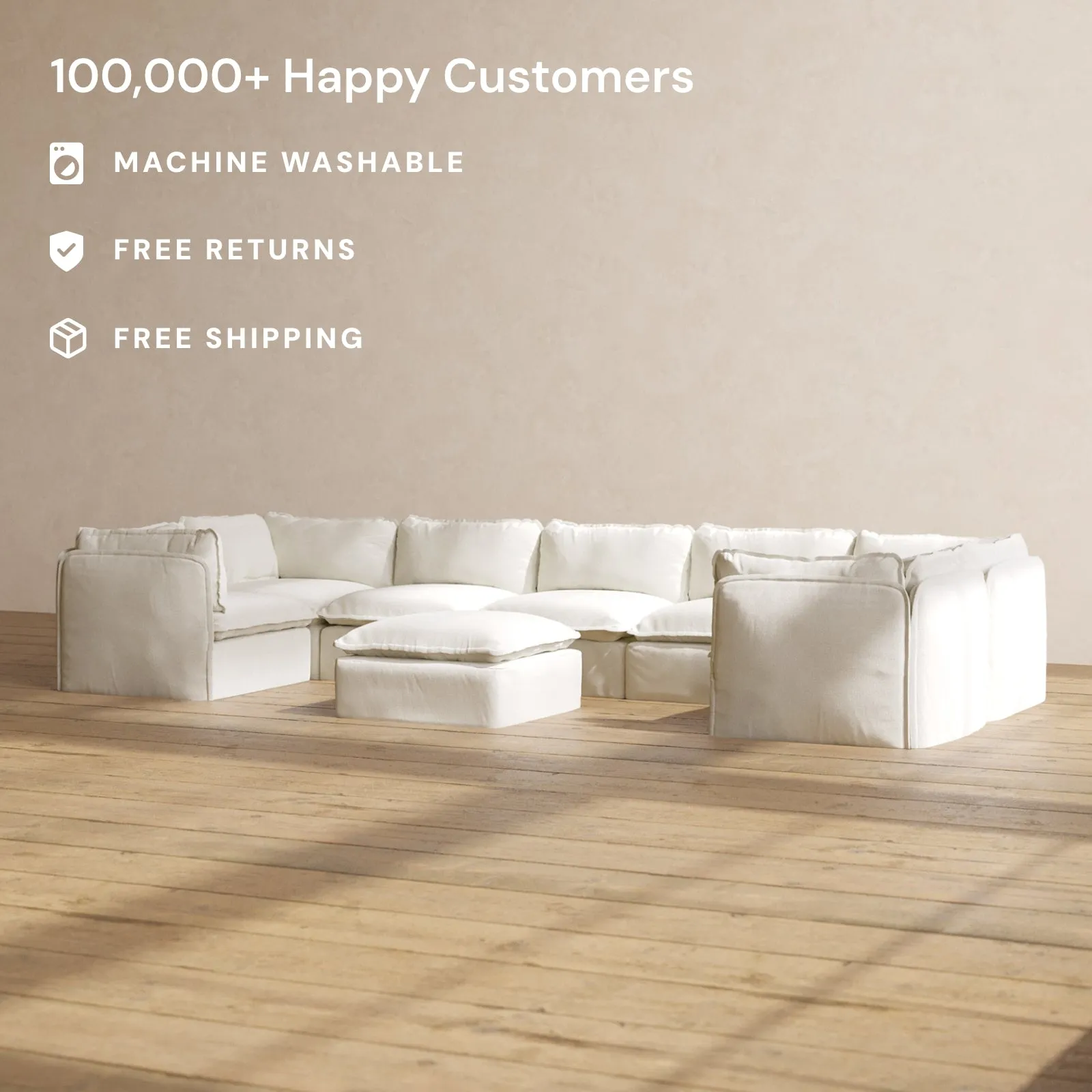 Slipcover Only - Modular Performance 7-Seater U-Sectional   Ottoman | Plush Weave in Eggshell