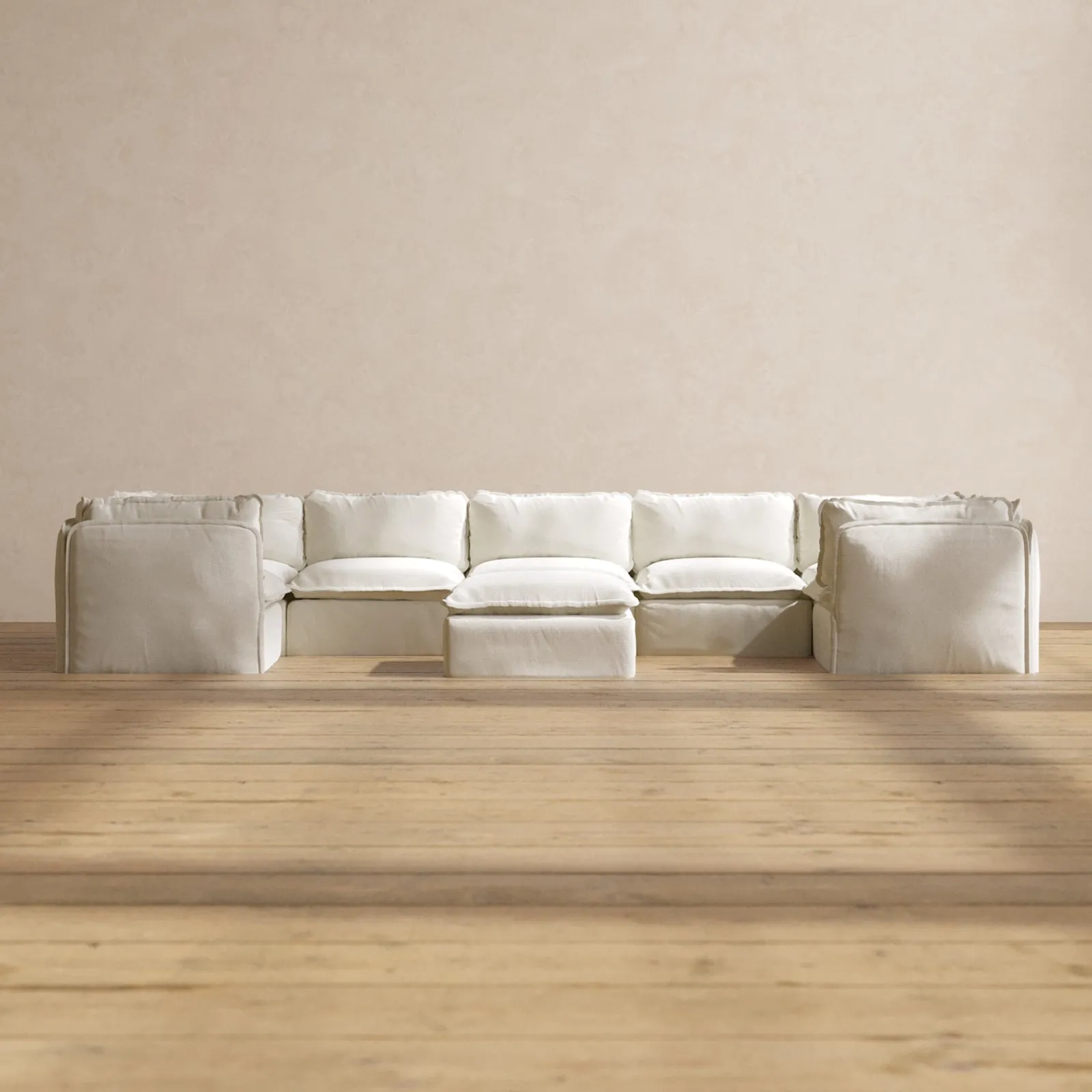 Slipcover Only - Modular Performance 7-Seater U-Sectional   Ottoman | Plush Weave in Eggshell