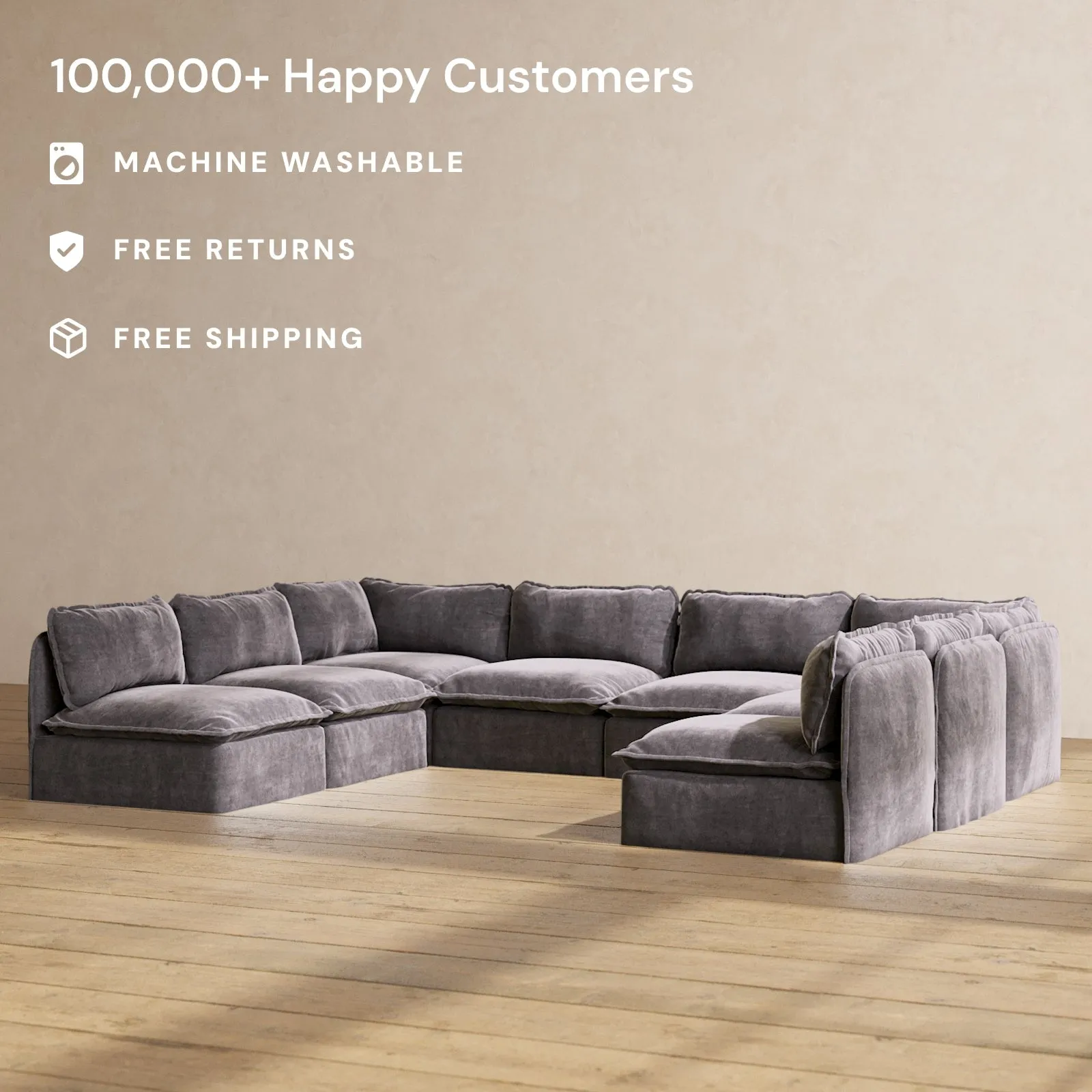 Slipcover Only - Modular Performance 8-Seater Open-Ends U-Sectional | Luxury Velvet in Cinder