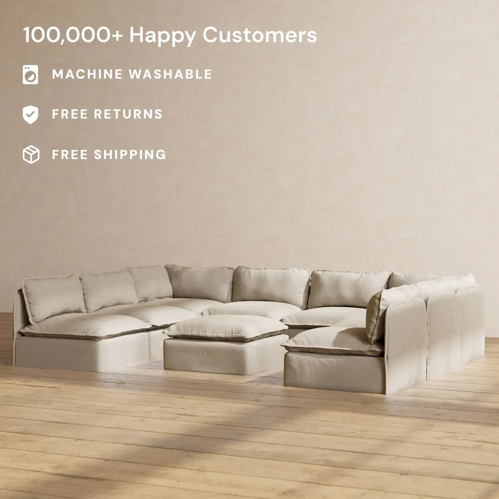 Slipcover Only - Modular Performance 8-Seater Open-Ends U-Sectional   Ottoman | Luxury Velvet in Dune