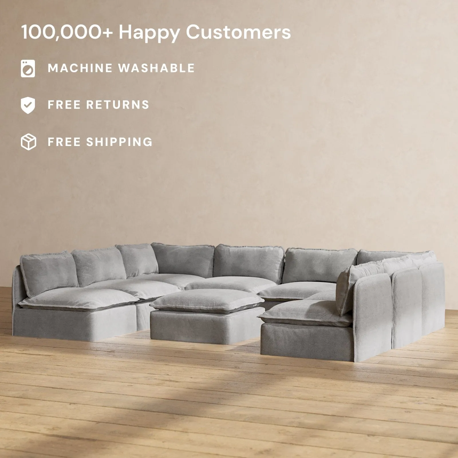Slipcover Only - Modular Performance 8-Seater Open-Ends U-Sectional   Ottoman | Plush Weave in Ash