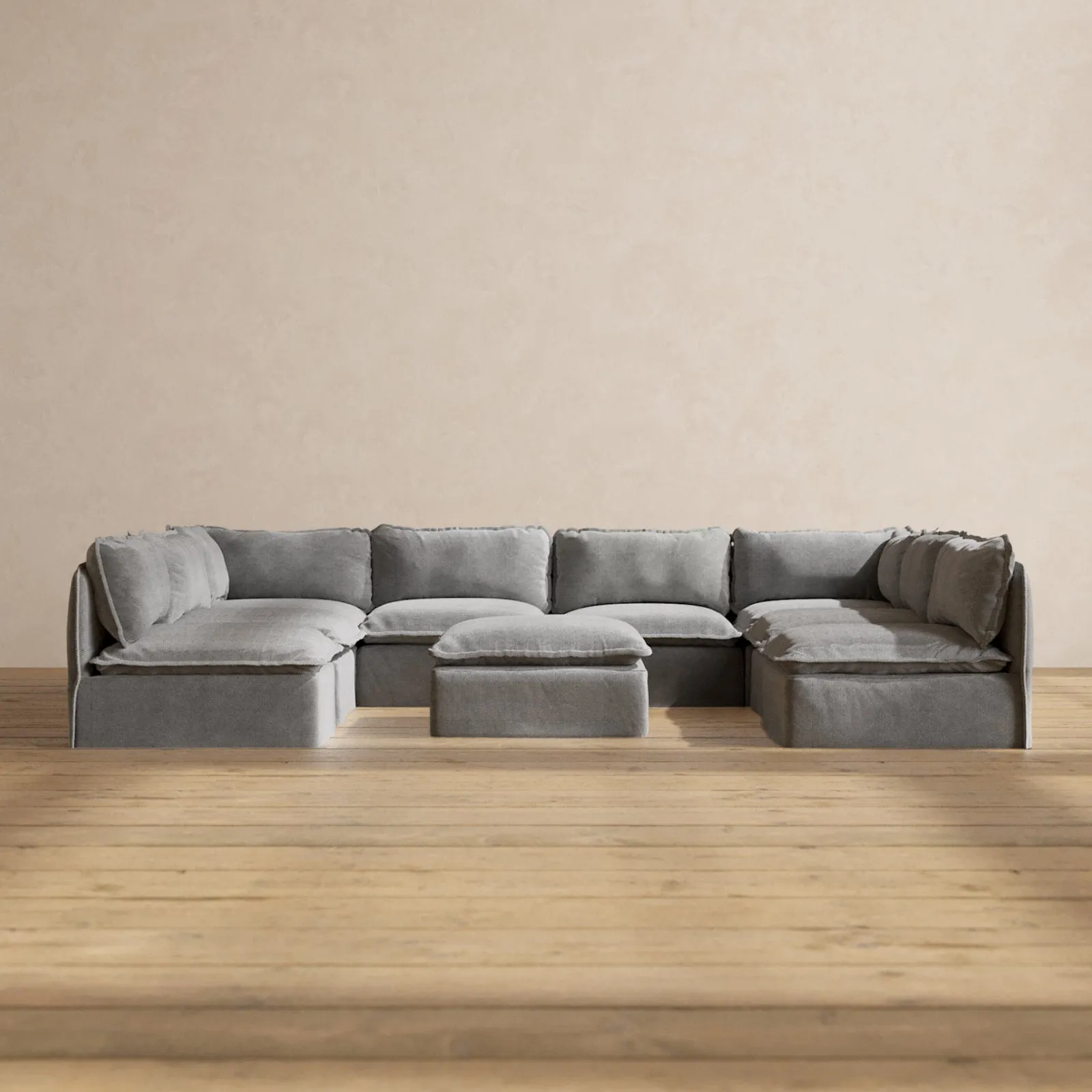 Slipcover Only - Modular Performance 8-Seater Open-Ends U-Sectional   Ottoman | Plush Weave in Ash