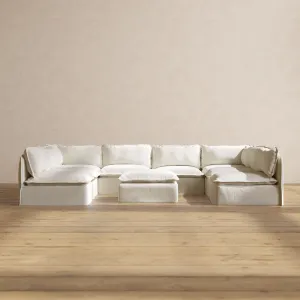 Slipcover Only - Modular Performance 8-Seater Open-Ends U-Sectional   Ottoman | Plush Weave in Eggshell