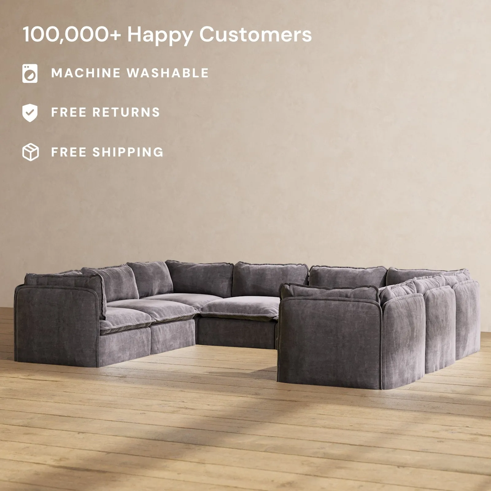 Slipcover Only - Modular Performance 8-Seater U-Sectional | Luxury Velvet in Cinder