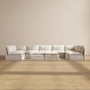 Slipcover Only - Modular Performance 9-Seater Open-Ends U-Sectional   Bench Ottoman | Blended Weave in Flour