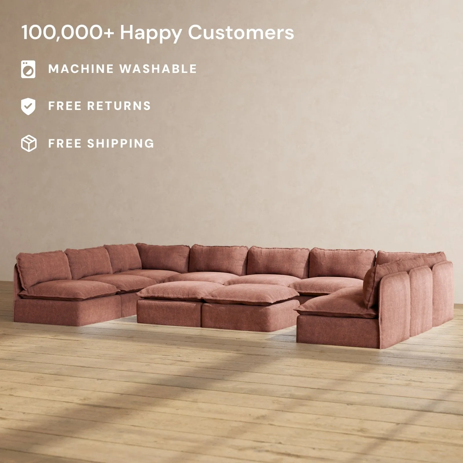 Slipcover Only - Modular Performance 9-Seater Open-Ends U-Sectional   Bench Ottoman | Heirloom Velvet in Chestnut