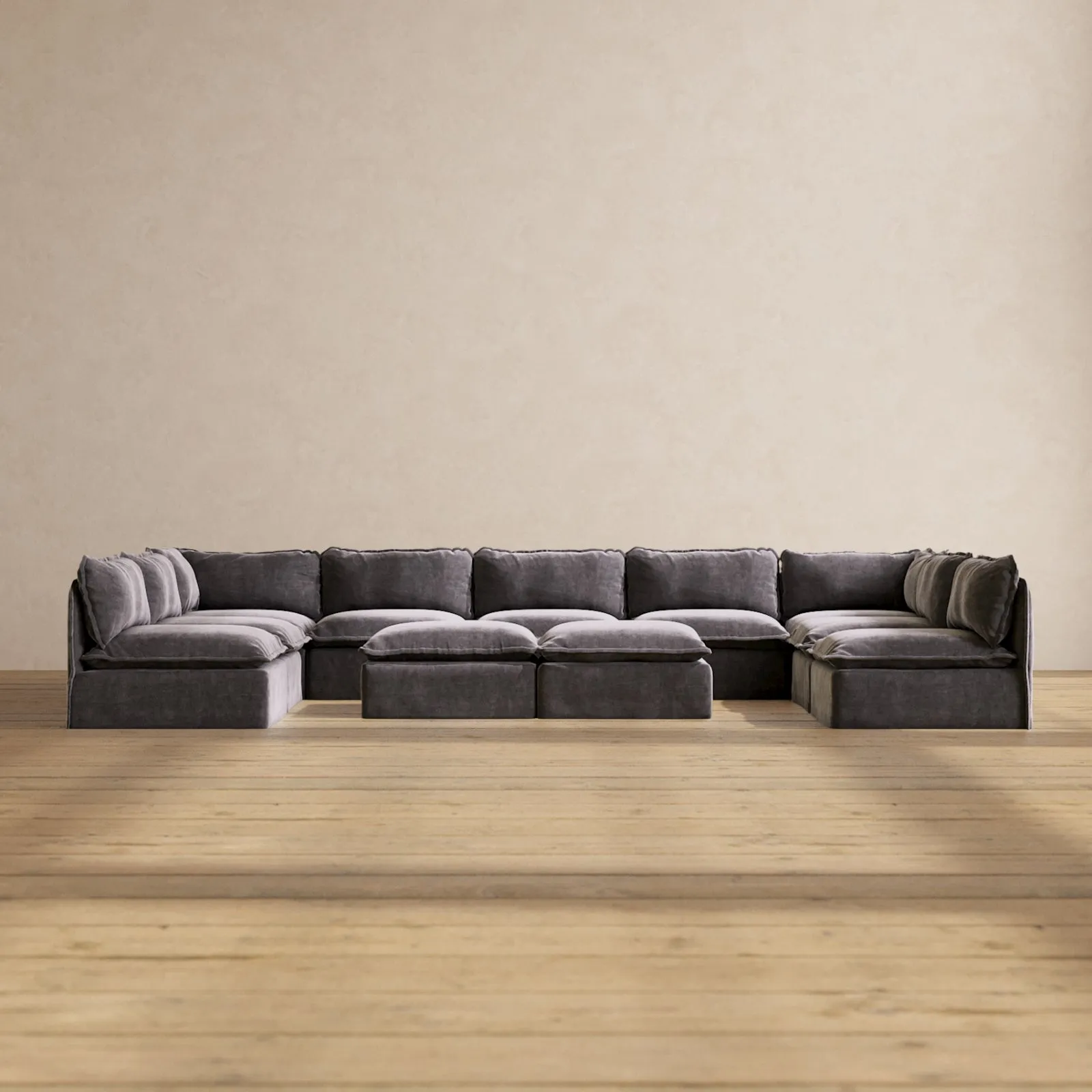 Slipcover Only - Modular Performance 9-Seater Open-Ends U-Sectional   Bench Ottoman | Luxury Velvet in Cinder