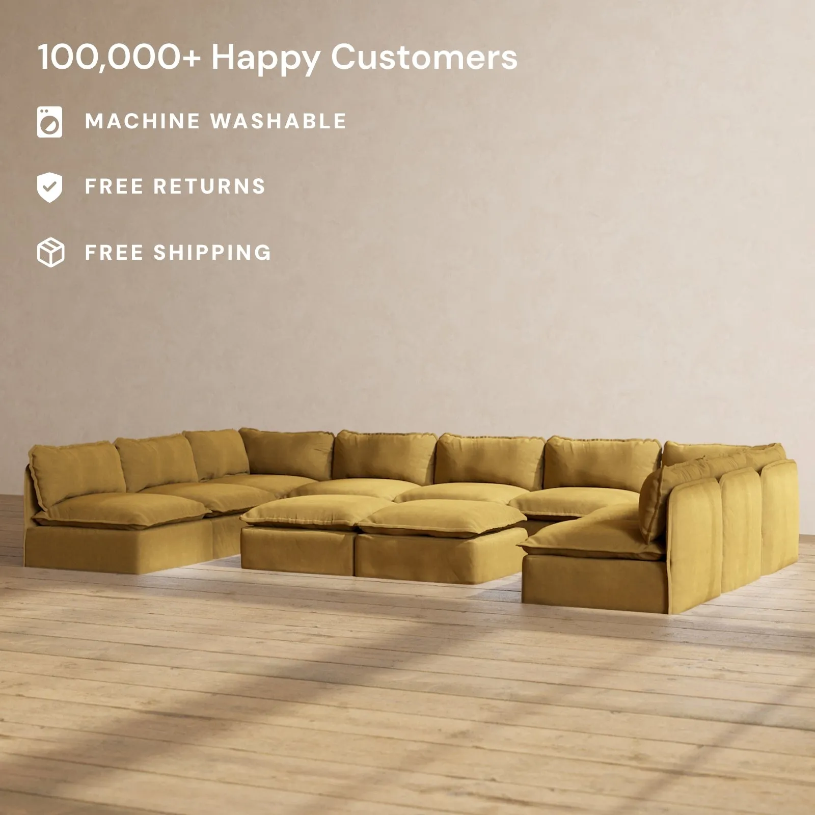 Slipcover Only - Modular Performance 9-Seater Open-Ends U-Sectional   Bench Ottoman | Luxury Velvet in Toffee