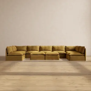 Slipcover Only - Modular Performance 9-Seater Open-Ends U-Sectional   Bench Ottoman | Luxury Velvet in Toffee