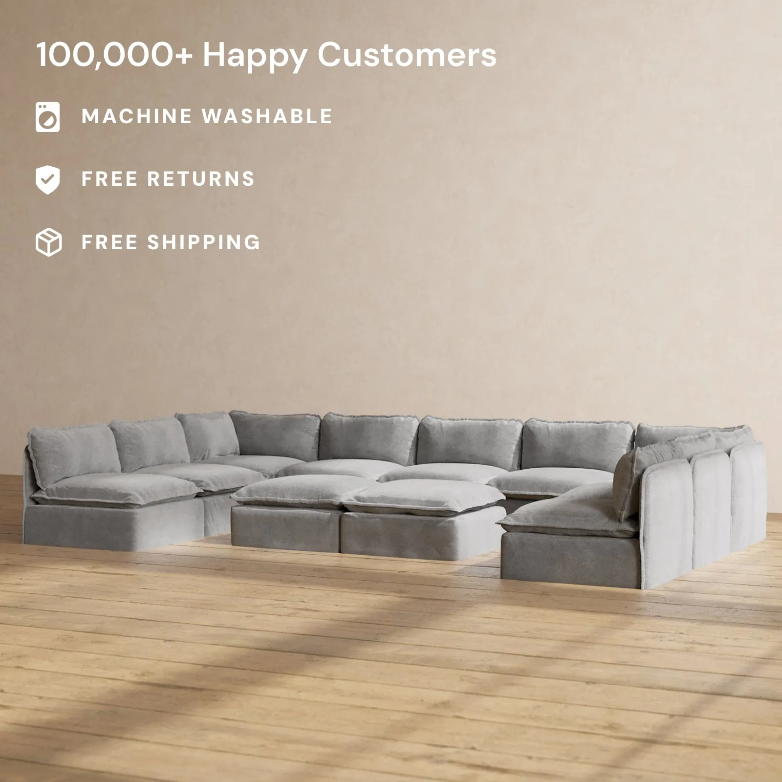 Slipcover Only - Modular Performance 9-Seater Open-Ends U-Sectional   Bench Ottoman | Plush Weave in Ash