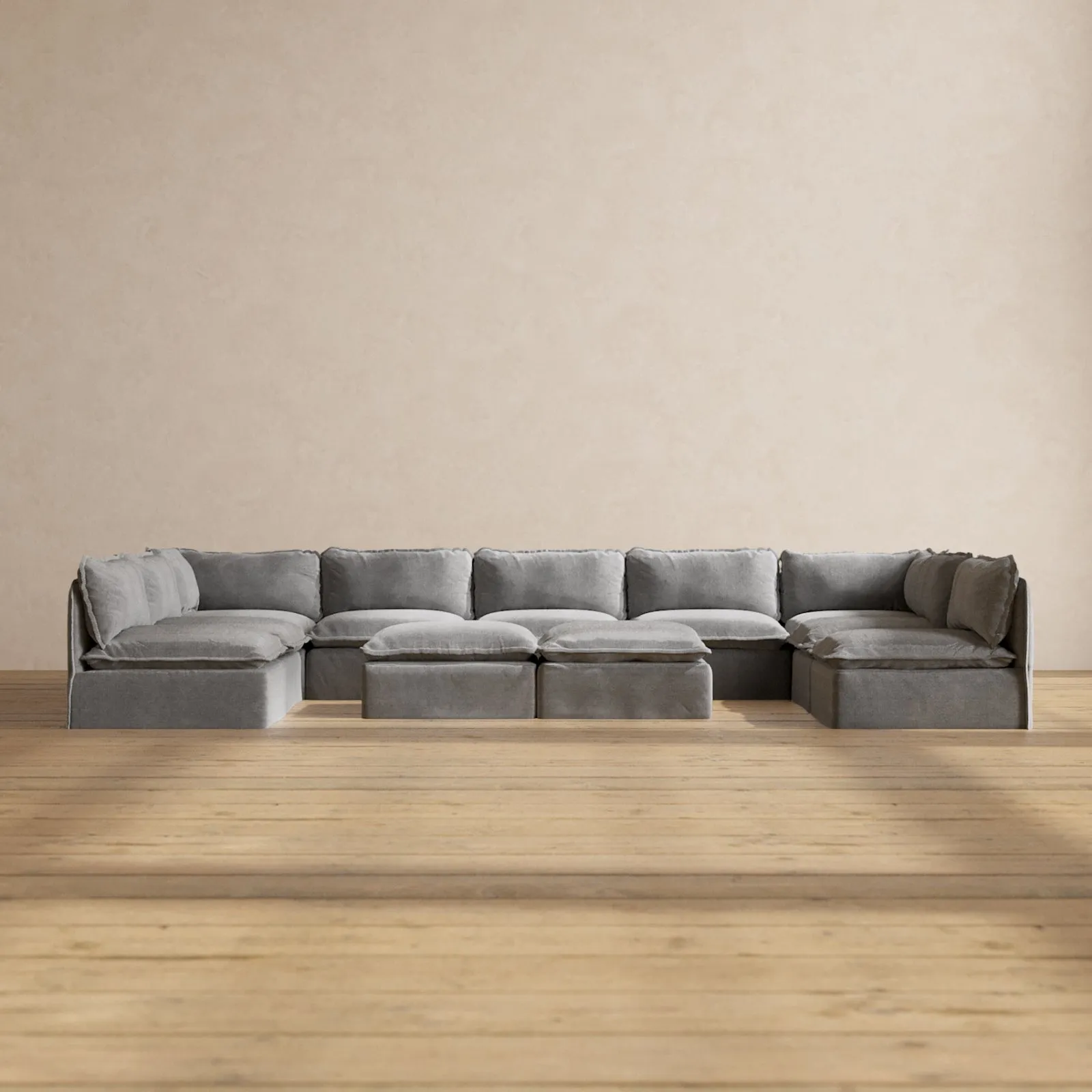 Slipcover Only - Modular Performance 9-Seater Open-Ends U-Sectional   Bench Ottoman | Plush Weave in Ash
