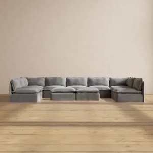 Slipcover Only - Modular Performance 9-Seater Open-Ends U-Sectional   Bench Ottoman | Plush Weave in Ash