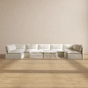 Slipcover Only - Modular Performance 9-Seater Open-Ends U-Sectional   Bench Ottoman | Plush Weave in Eggshell