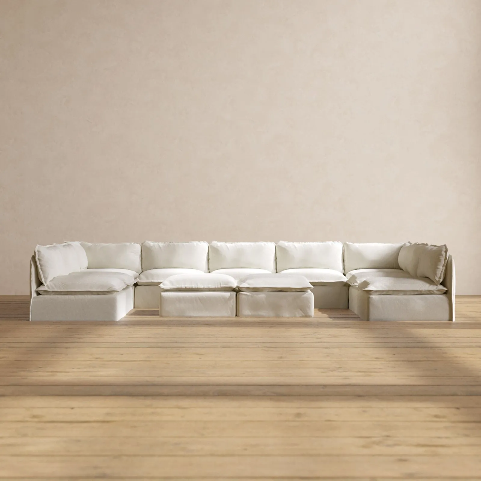 Slipcover Only - Modular Performance 9-Seater Open-Ends U-Sectional   Bench Ottoman | Plush Weave in Eggshell